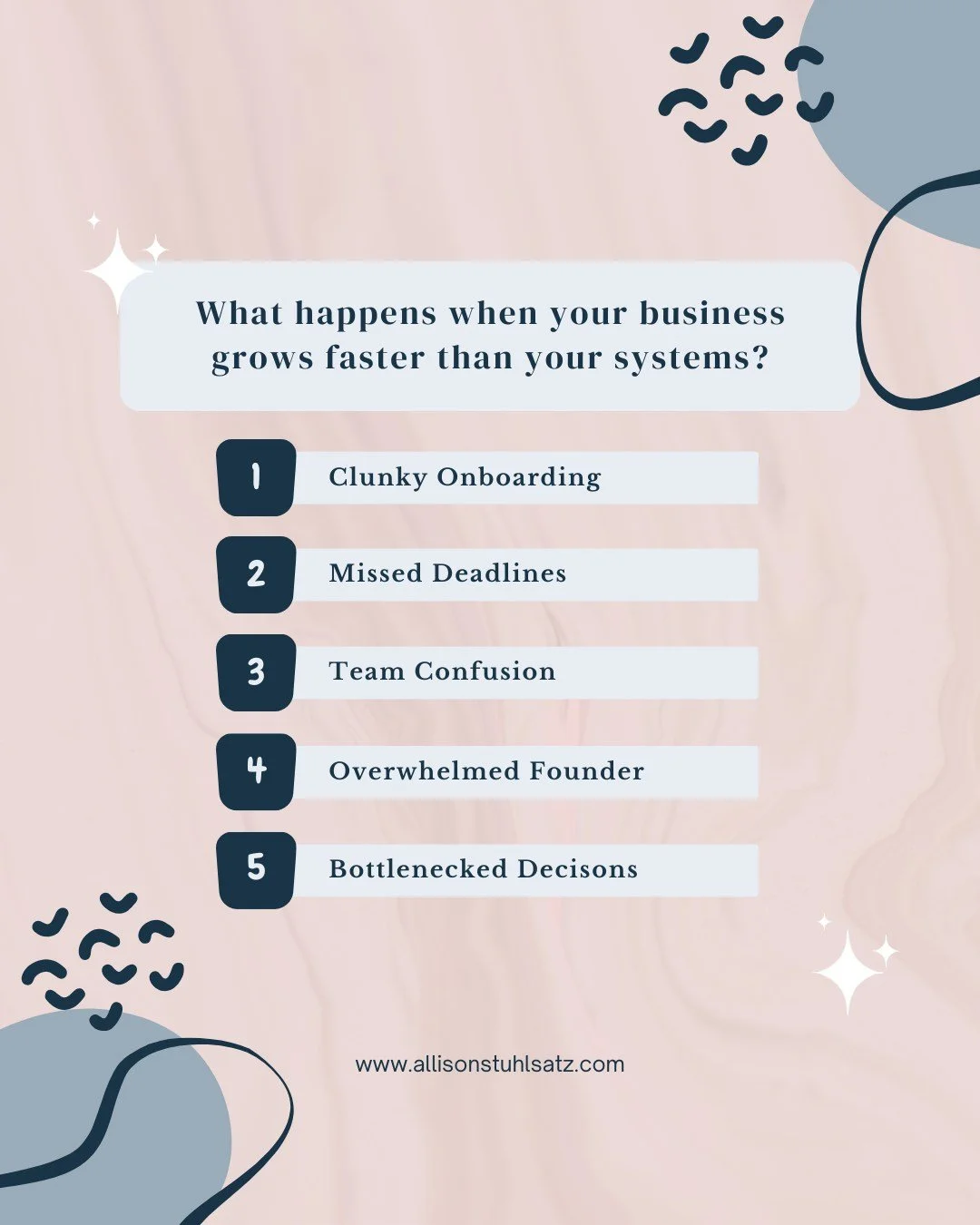 Growth is exciting&mdash;
but if your systems can&rsquo;t keep up, it turns into chaos fast.

Here&rsquo;s what that looks like:
&bull; Clunky onboarding
&bull; Missed deadlines
&bull; Team confusion
&bull; Constant decision bottlenecks
&bull; You, h