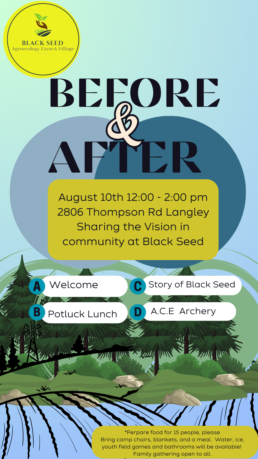 Black Seed Before and After. August Saturday 10th 1200 - 200 pm Welcoming, Potluck Picnic Lunch, Sharing the Vision in community at Black Seed. Bring camp chairs, blankets, and a dish. Water, ice, (6).png