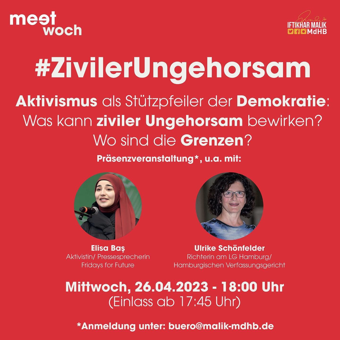 ⏰ Mittwoch, 26. April, 18:00 Uhr (Einlass ab 17:45)

📍Im CCB Bergedorf* | 21029 Hamburg

⚠️ Fortsetzung der Veranstaltungsreihe &quot;MeetWoch&ldquo;: 

#ZivilerUngehorsam - Aktivismus als St&uuml;tzpfeiler der Demokratie? Was kann ziviler Ungehorsa