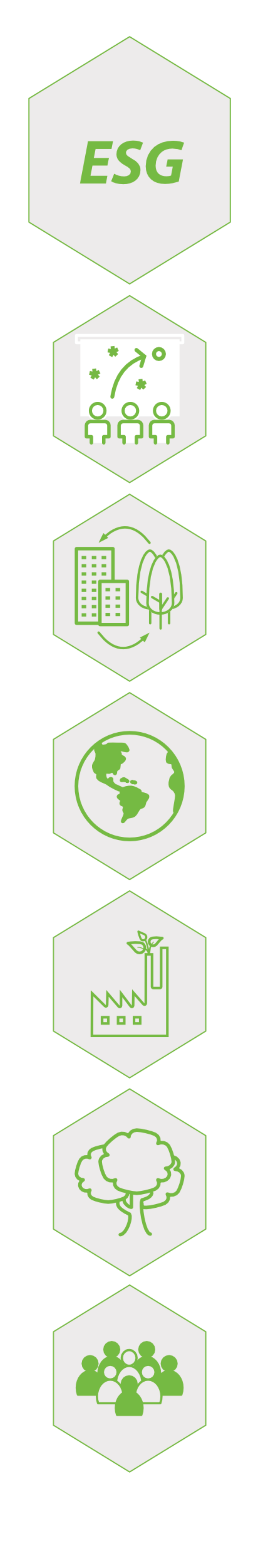 Icons of ESG areas: society, governance, environment, energy, nature and team