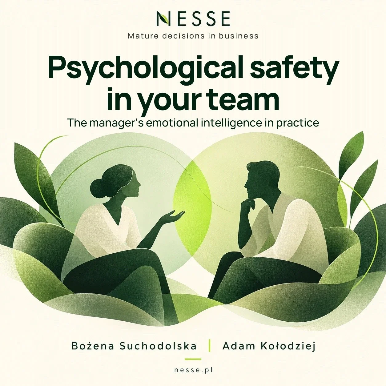 NESSE illustration: a woman and a man in conversation among green leaves – cover of the article “Psychological safety in your team” (Bożena Suchodolska, Adam Kołodziej)