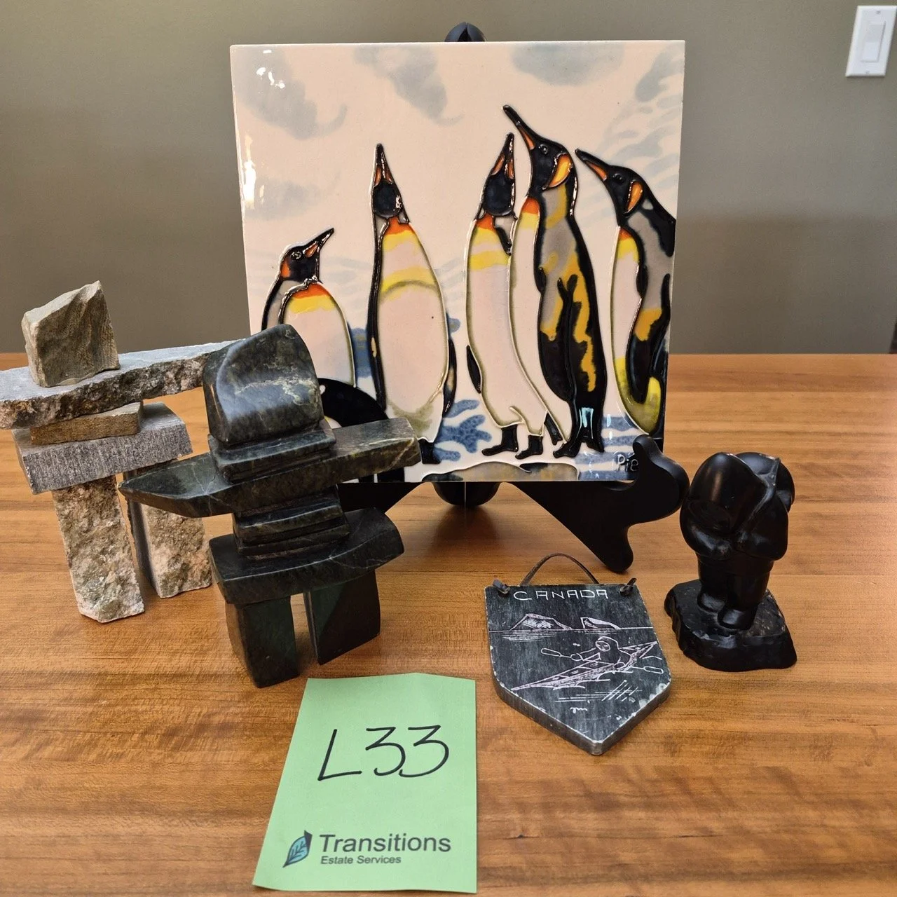 Inuit Art with Soapstone Carvings, Pierce Ceramic Tile "Penguin Board Meeting" & Rock Inukshuk