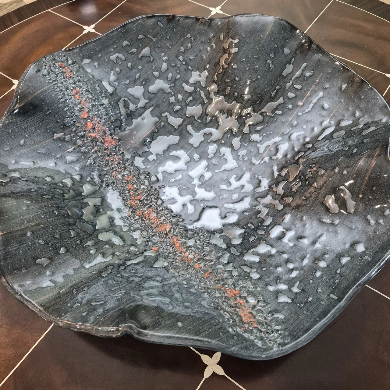 Beautiful Bubble Glass Decor Bowl with Salmon Accents