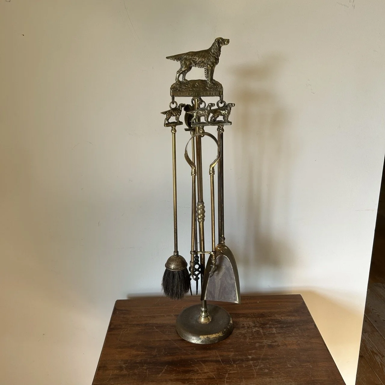 Antique Brass English Setter Fireplace Tool Set