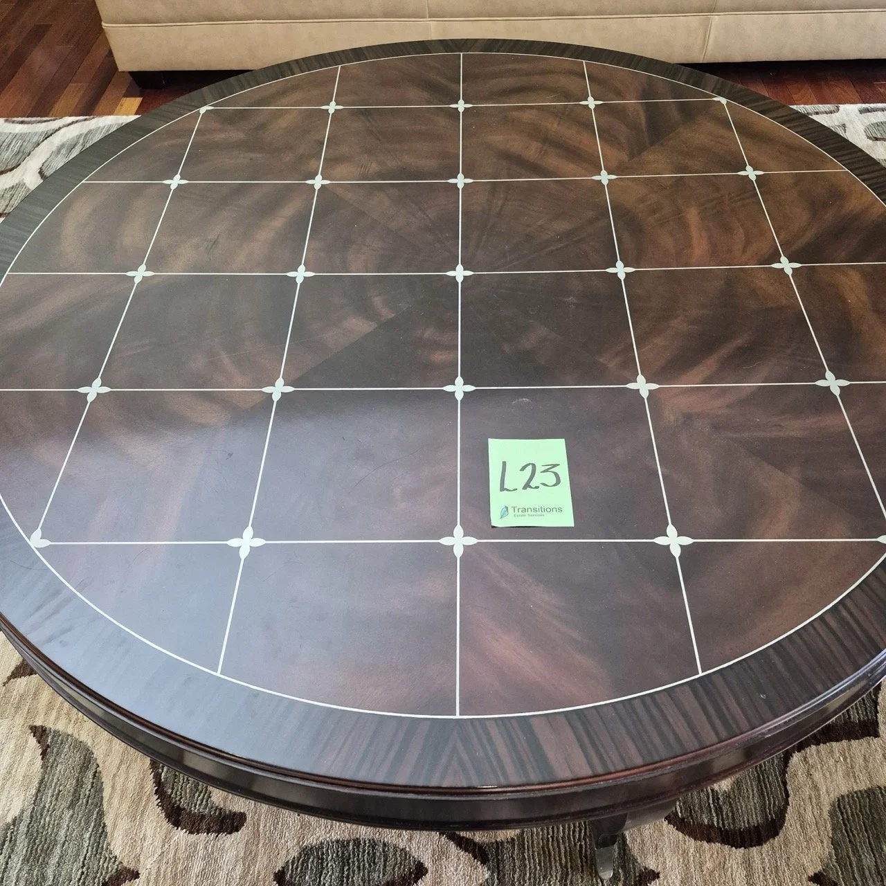 Roundabout Caracole-Style Cocktail Coffee Table with Inlaid Geometric White Pattern