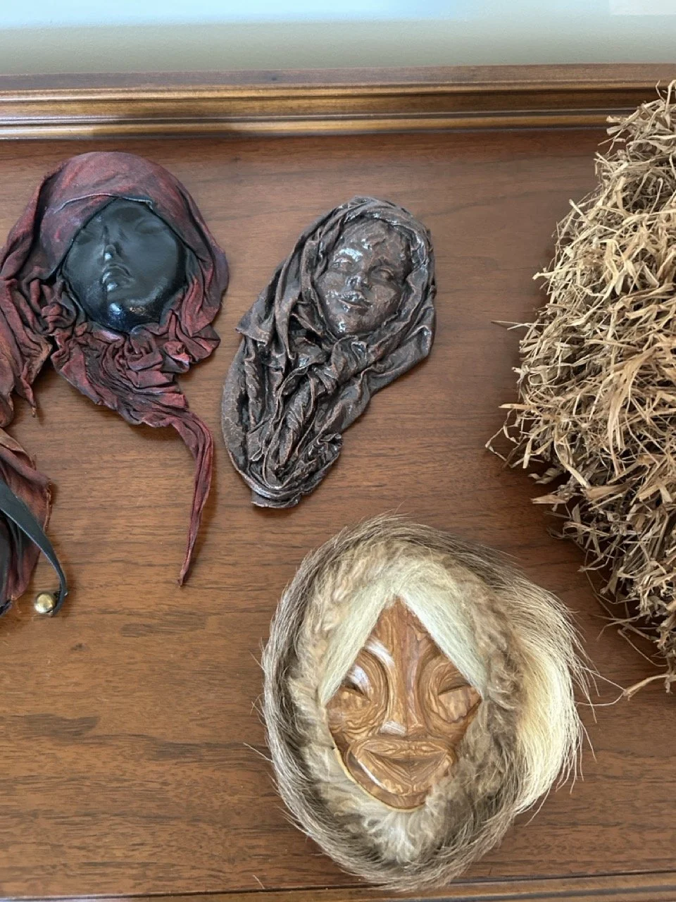 Vintage Leather and Wood Faces and African Tribal Mask