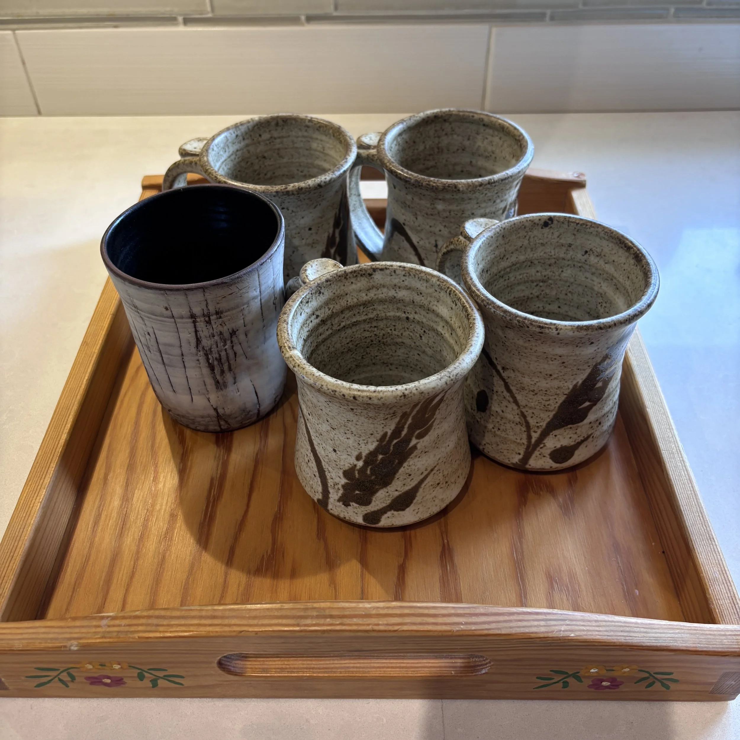 Pottery Mugs and Wooden Tray
