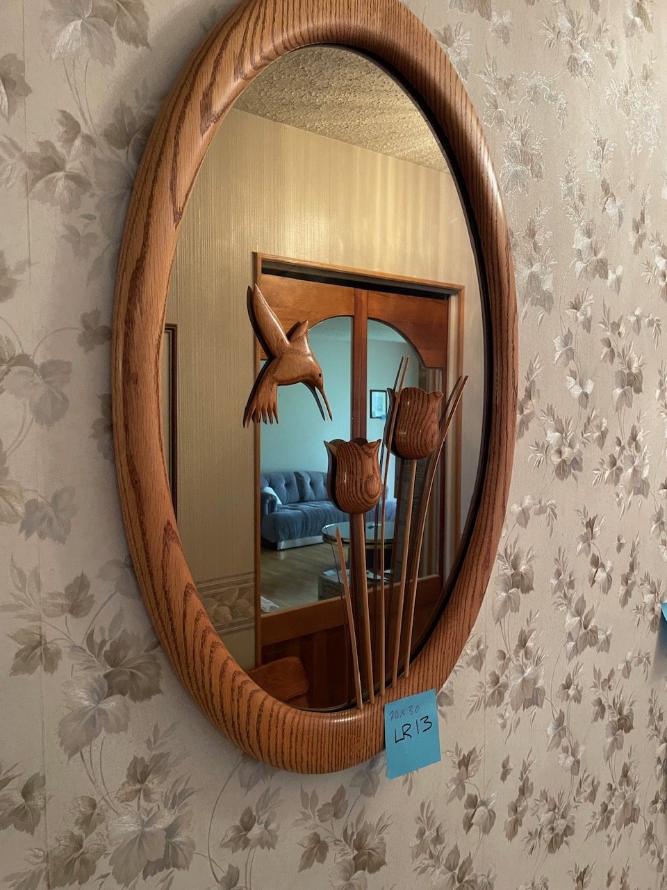 Oak Mirror w/ Hummingbird and Flowers