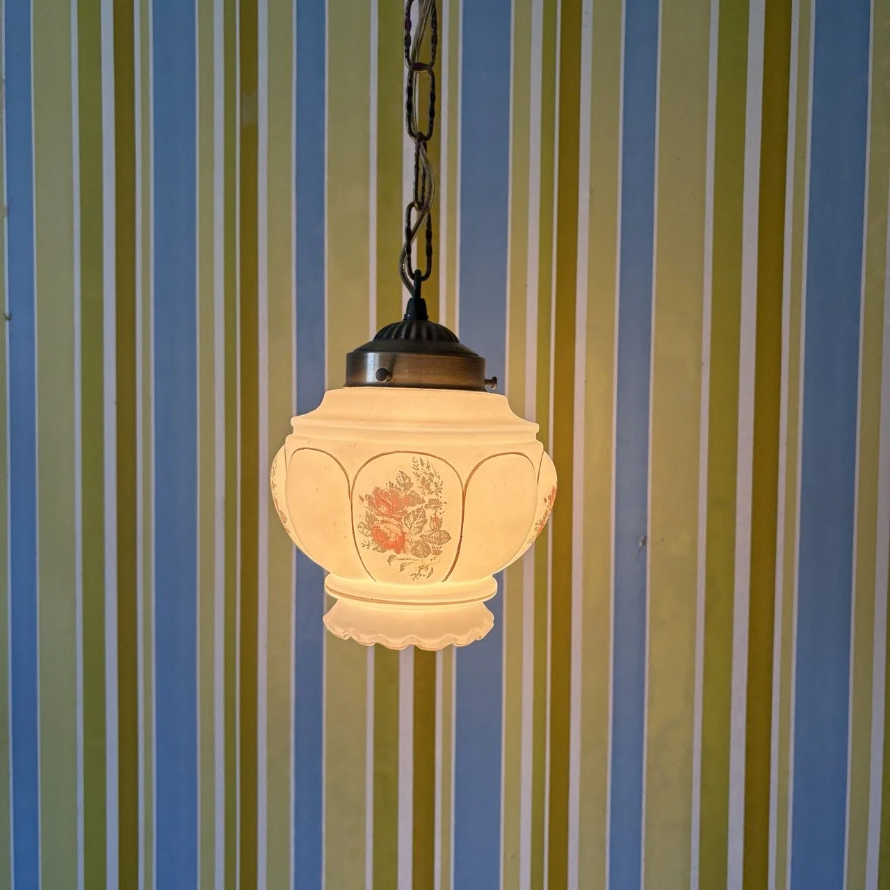 Mid-Century Melon-Form Milk Glass Pendant Lamp