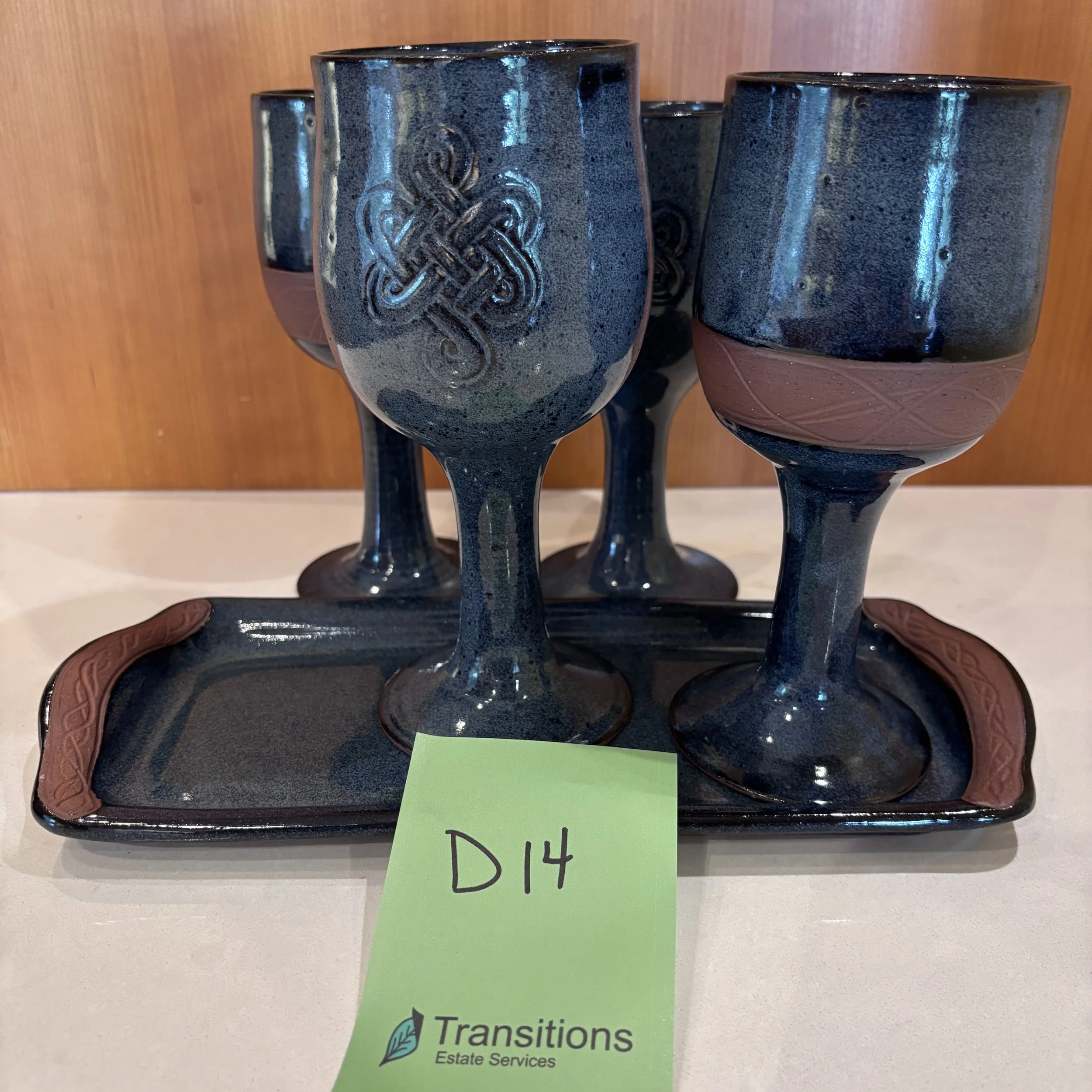 Signed Blue and Terra Cotta Trimmed Pottery Goblets and Tray