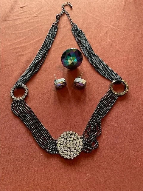 Black Rhinestone Necklace, Earrings & Ring