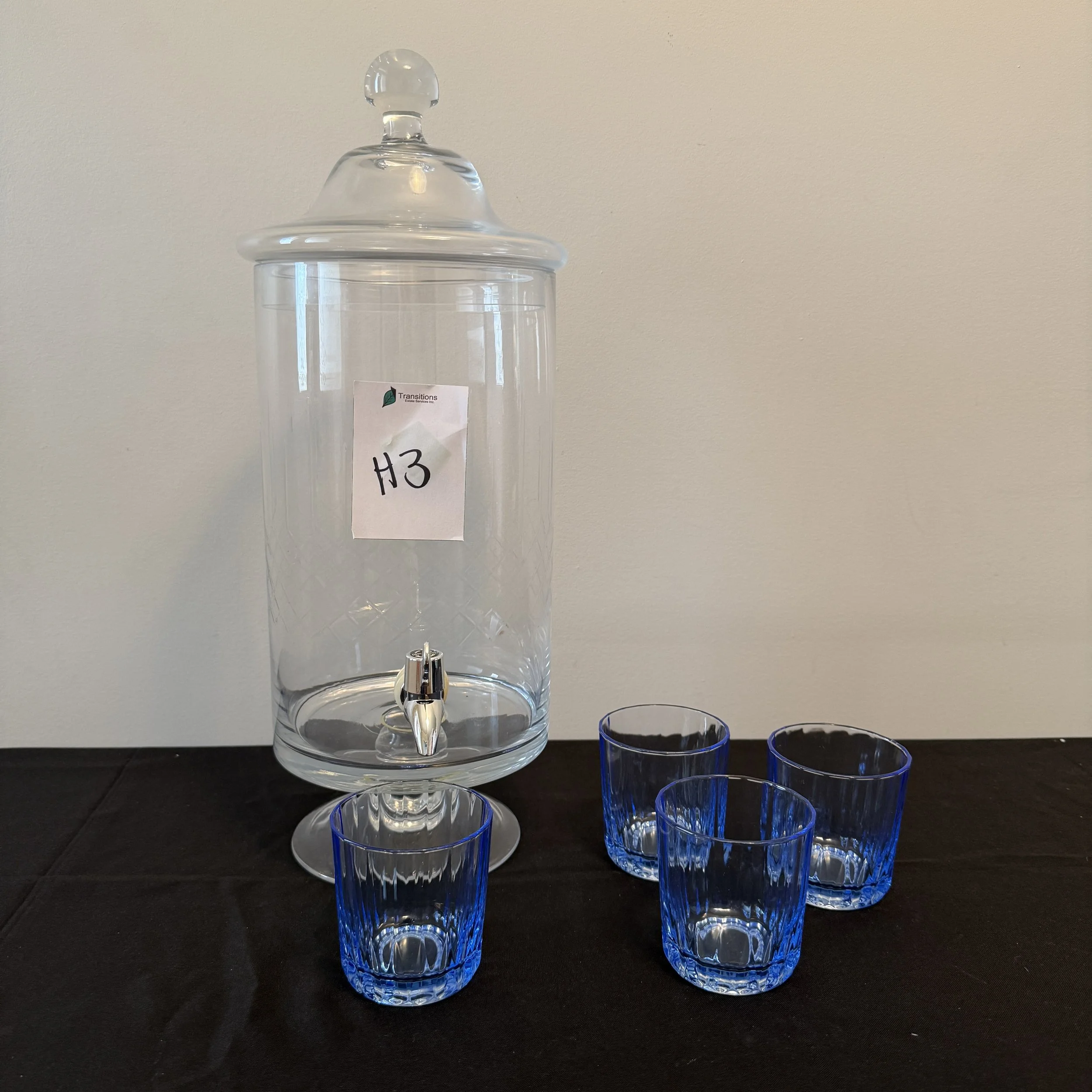 Glass Beverage Dispenser with 4 Blue Glasses