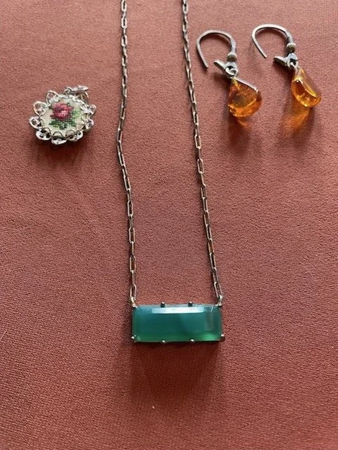 Sterling Silver Amber Earrings & Embroidered Red Rose Pendant
