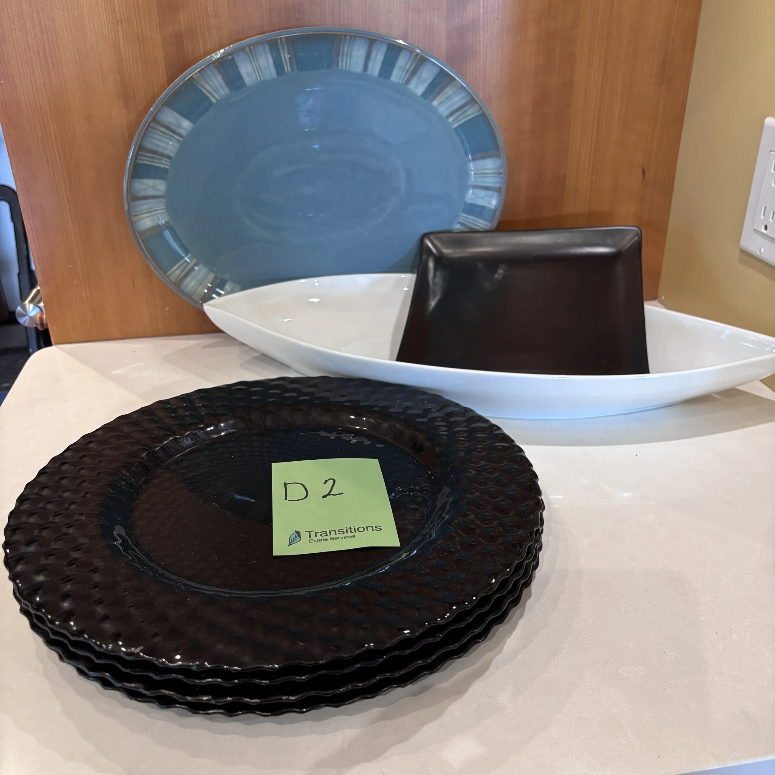 Denby Serving Dishes and Black Chargers