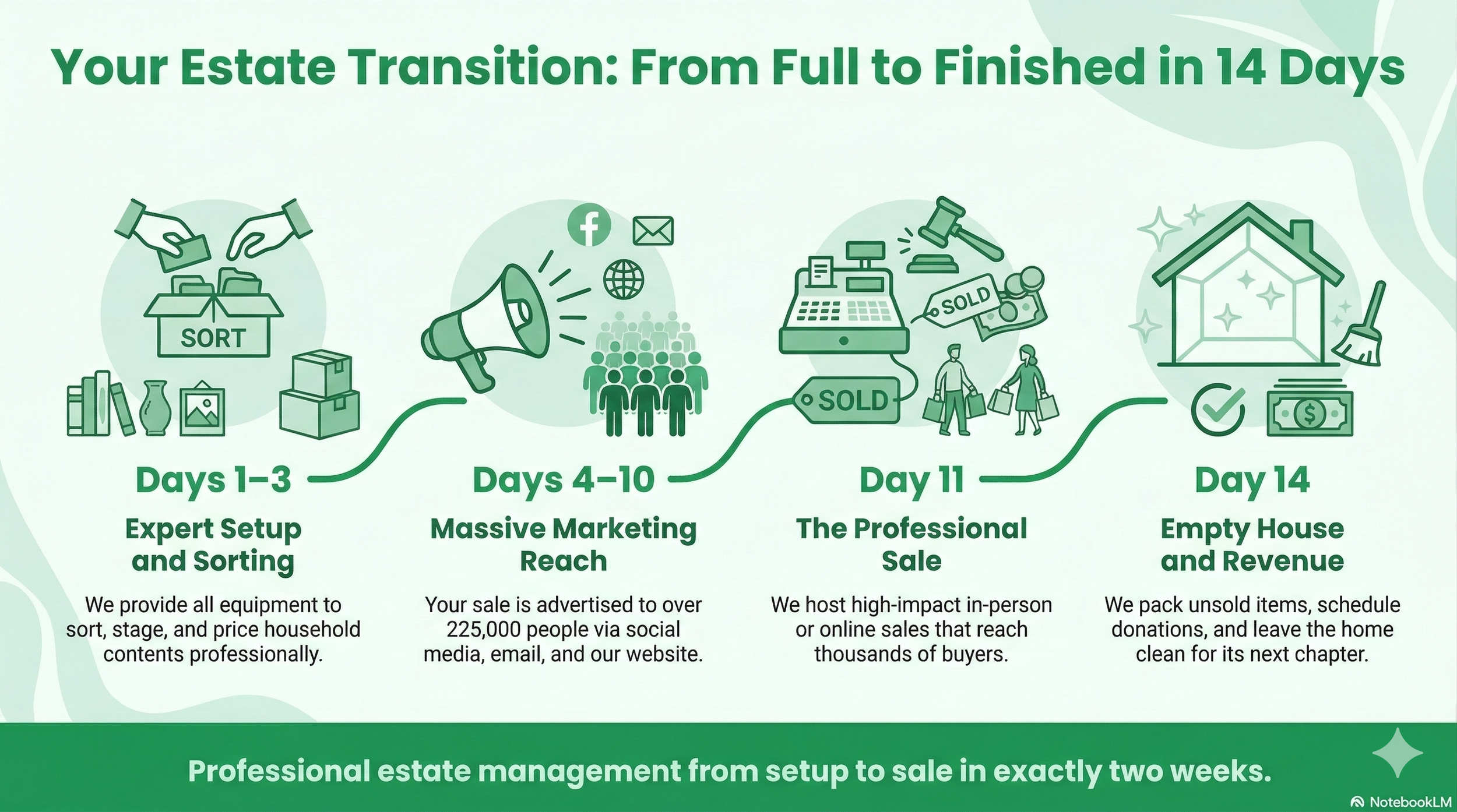 A timeline graphic showing a 14-day process for estate transition. Days 1-3: Experts sort and organize household items. Days 4-10: Wide marketing reach with social media and email. Day 11: Professional house sale event. Day 14: Empty house and revenue collection. Each step is illustrated with icons like boxes, megaphone, sold signs, and a house.