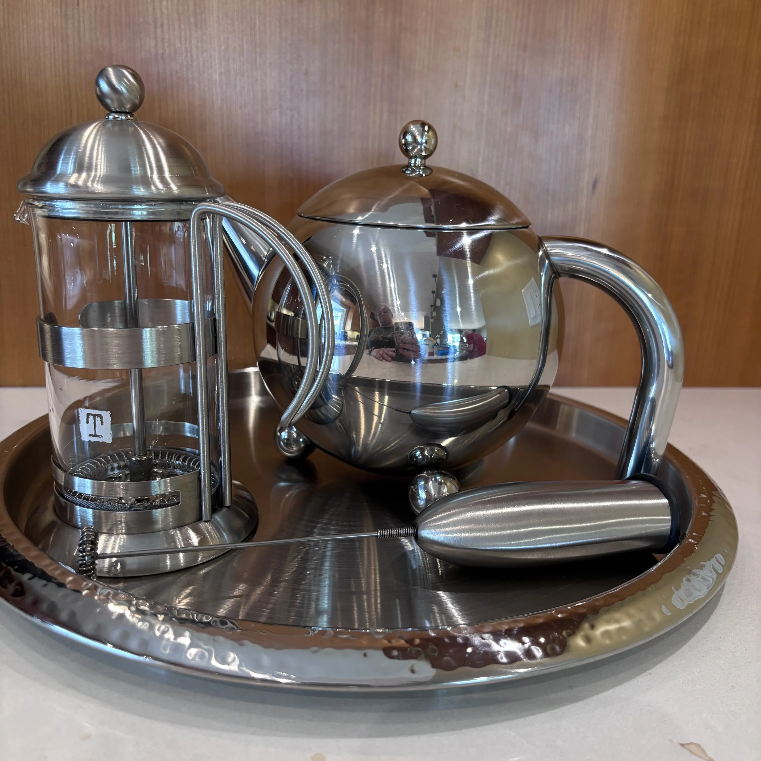Hammered Edge Tray with Chrome Tea Pot and French Press