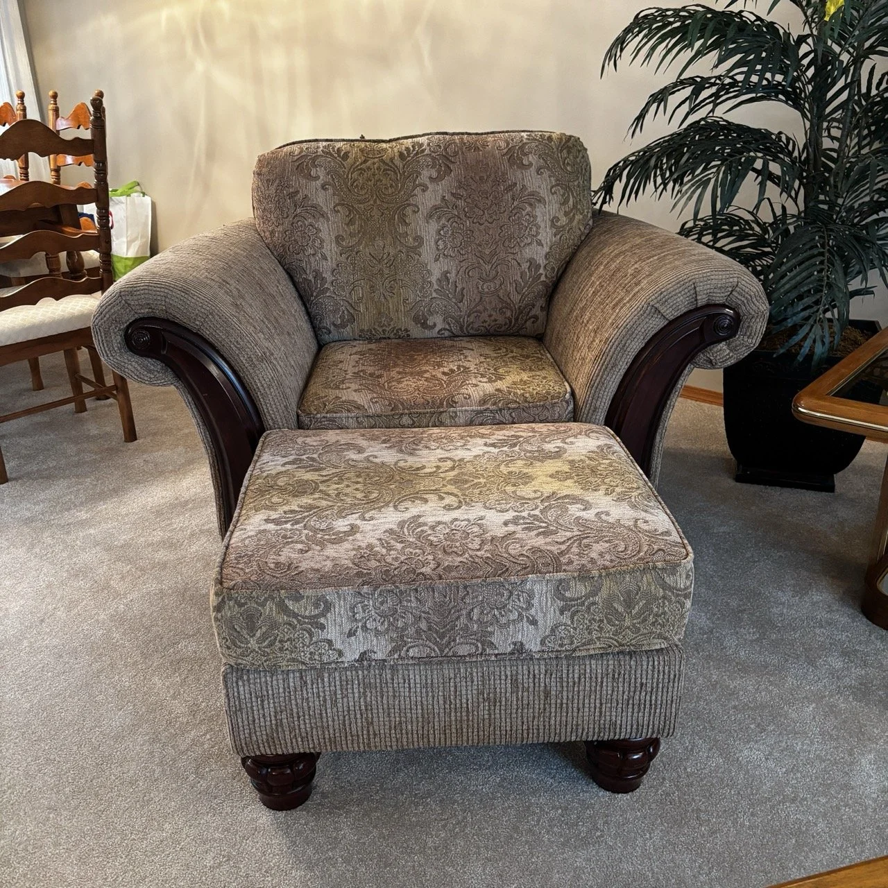 Damask Brown Armchair Ottoman