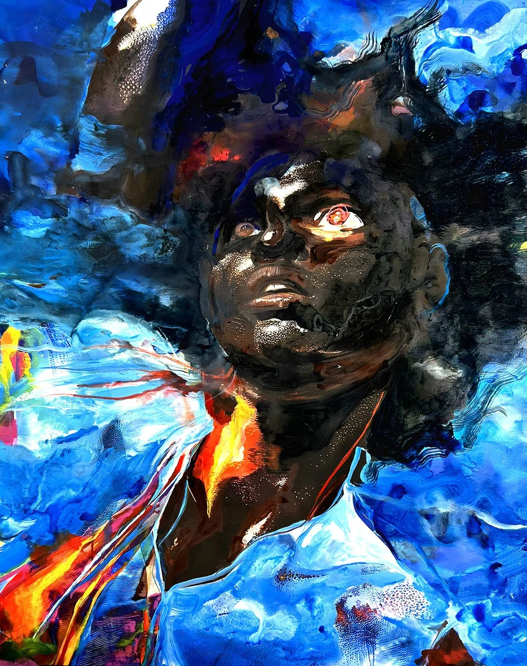   Sun God   36’’ x 48’’  Archival pigment print, color sticks, acrylic, ink on linen 