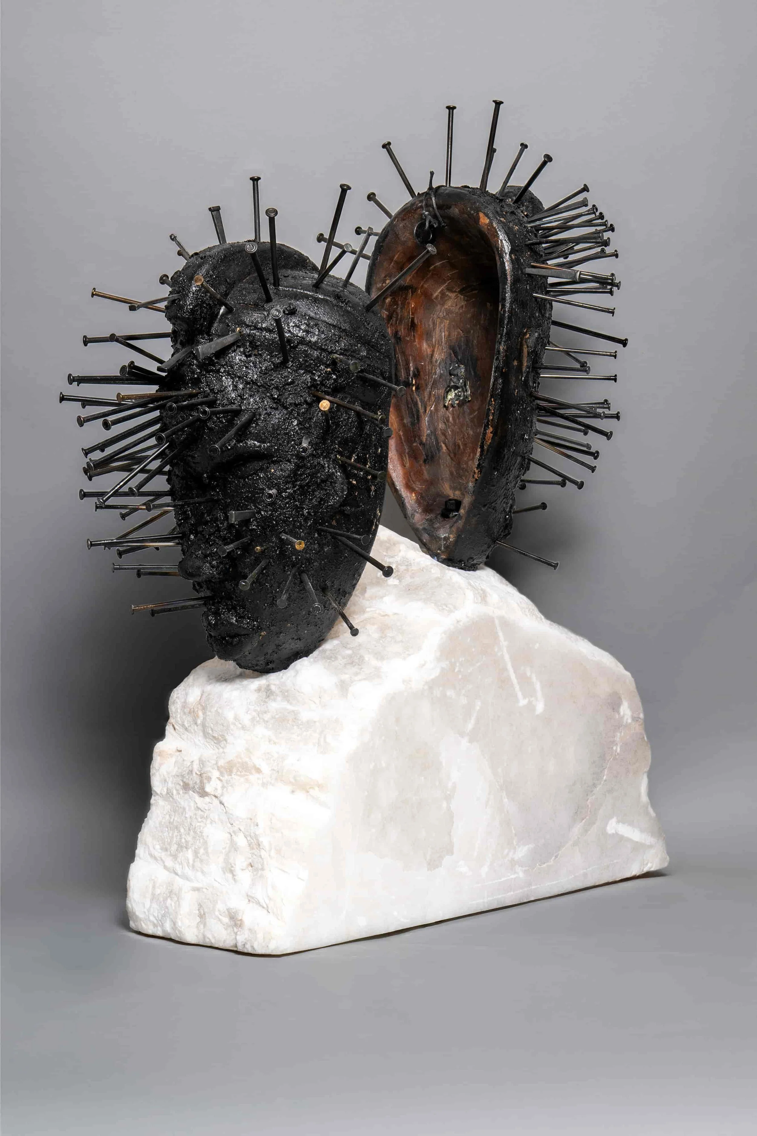   Love Letter   14" x 22-1/2" x 29" High 140lbs  West African wood, Italian translucent alabaster,&nbsp;iron, earth, acrylic pigment 