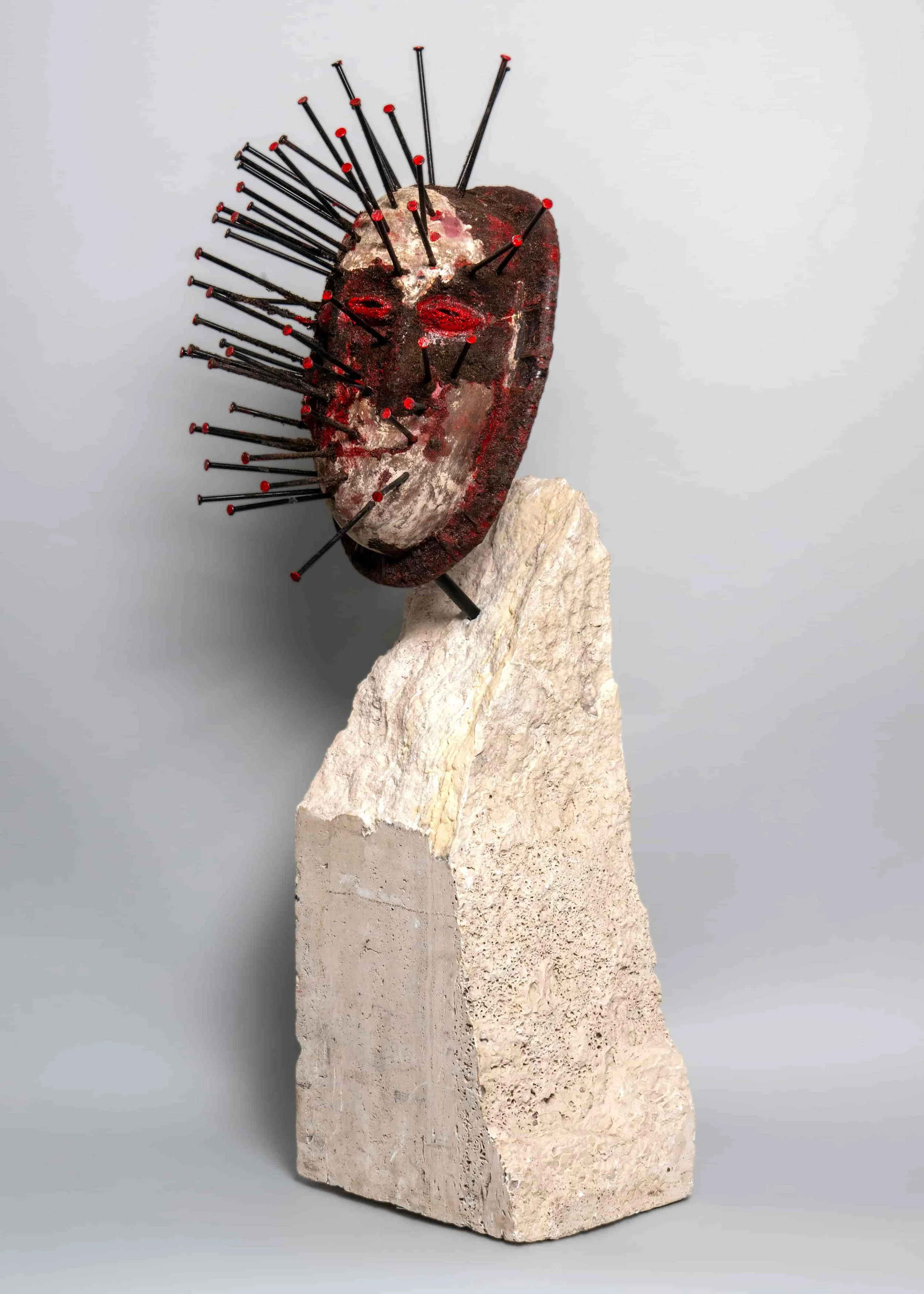   Sunshowers   14" x 15" x 39-1/2"High 130lbs  West African wood, Roman travertine, iron, earth, and acrylic pigment 