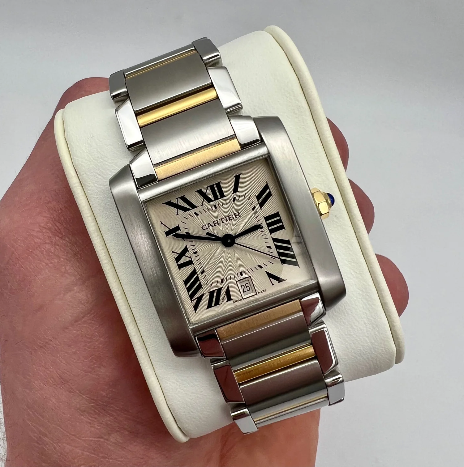 CARTIER TANK FRANCAISE AUTOMATIC LARGE MODEL STAINLESS STEEL AND YELLOW GOLD  WATCH MODEL REFERENCE 2302 — Garnier The Jewellers