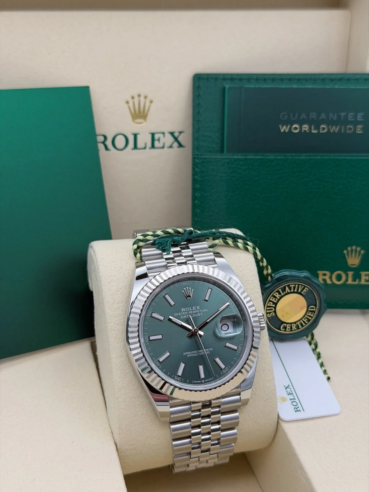 IN STOCK!🔥2026 Rolex &lsquo;Datejust 41&rsquo; with 18ct. white gold fluted bezel, Mint Green dial fitted with the sought after jubilee link bracelet. Watch in new/unworn condition, sold as a full set🤩

Model: 126334

Year: July, 2026

Contents: Bo