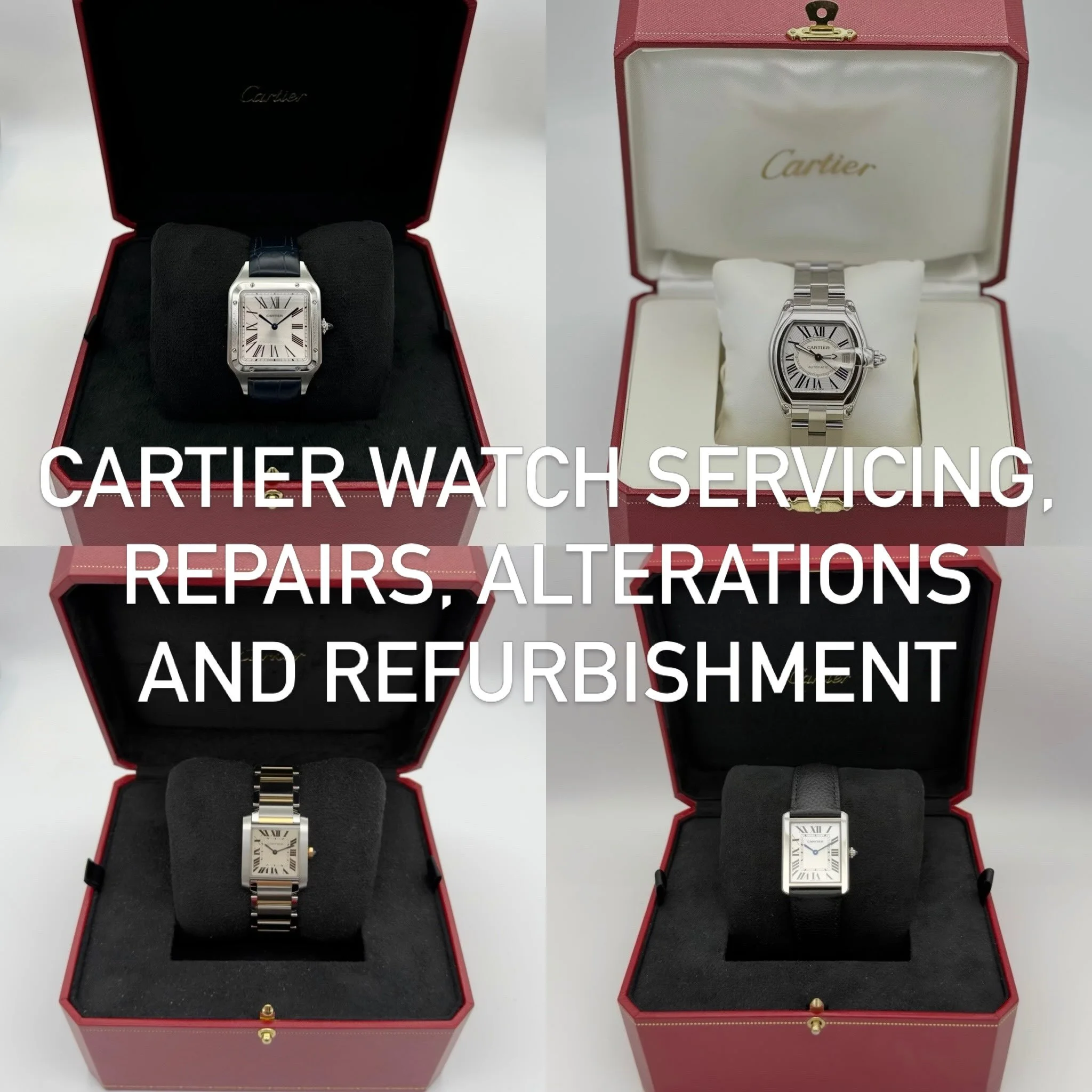 Cartier Watch Servicing is carried out by a Cartier Officially Approved Service Centre. Genuine Cartier parts used. Completely Serviced Watches are provided with a 24 Month Guarantee.

Cleaning and Polishing of Watch Case and Bracelet.

Crystal Repla