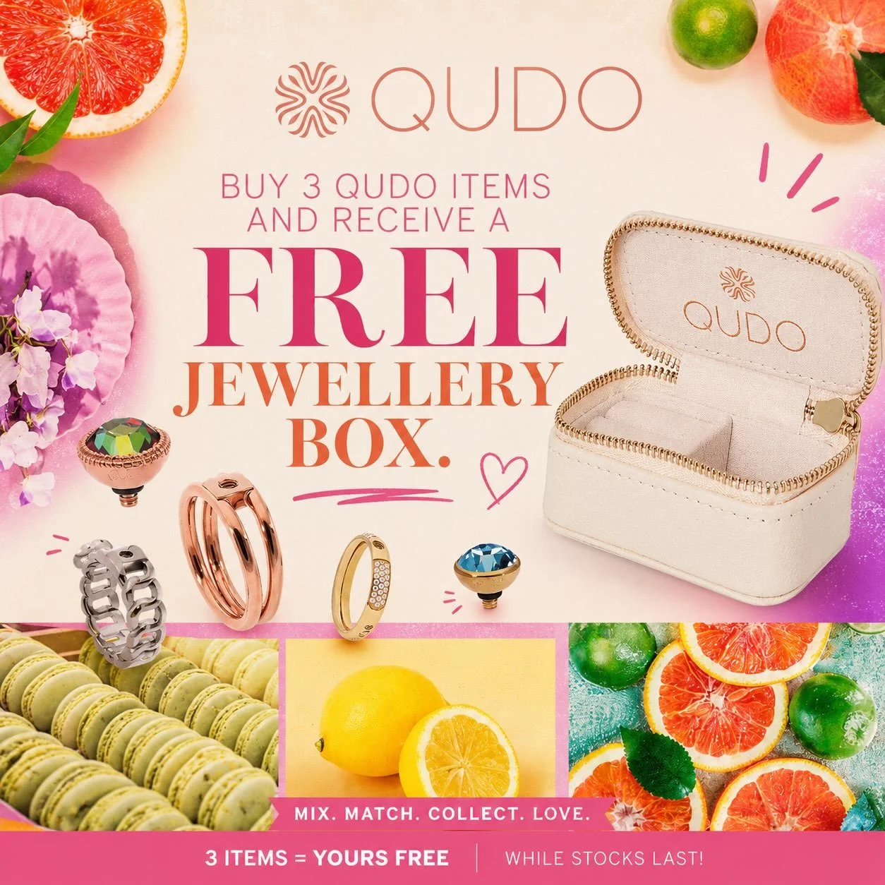 A Summer Treat Just For You 💖🌸

Buy any 3 QUDO items and receive a FREE jewellery box, the perfect finishing touch for your collection! 🌻

Mix. Match. Collect. Love. 

Whether you&rsquo;re refreshing your everyday stack or gifting someone special,