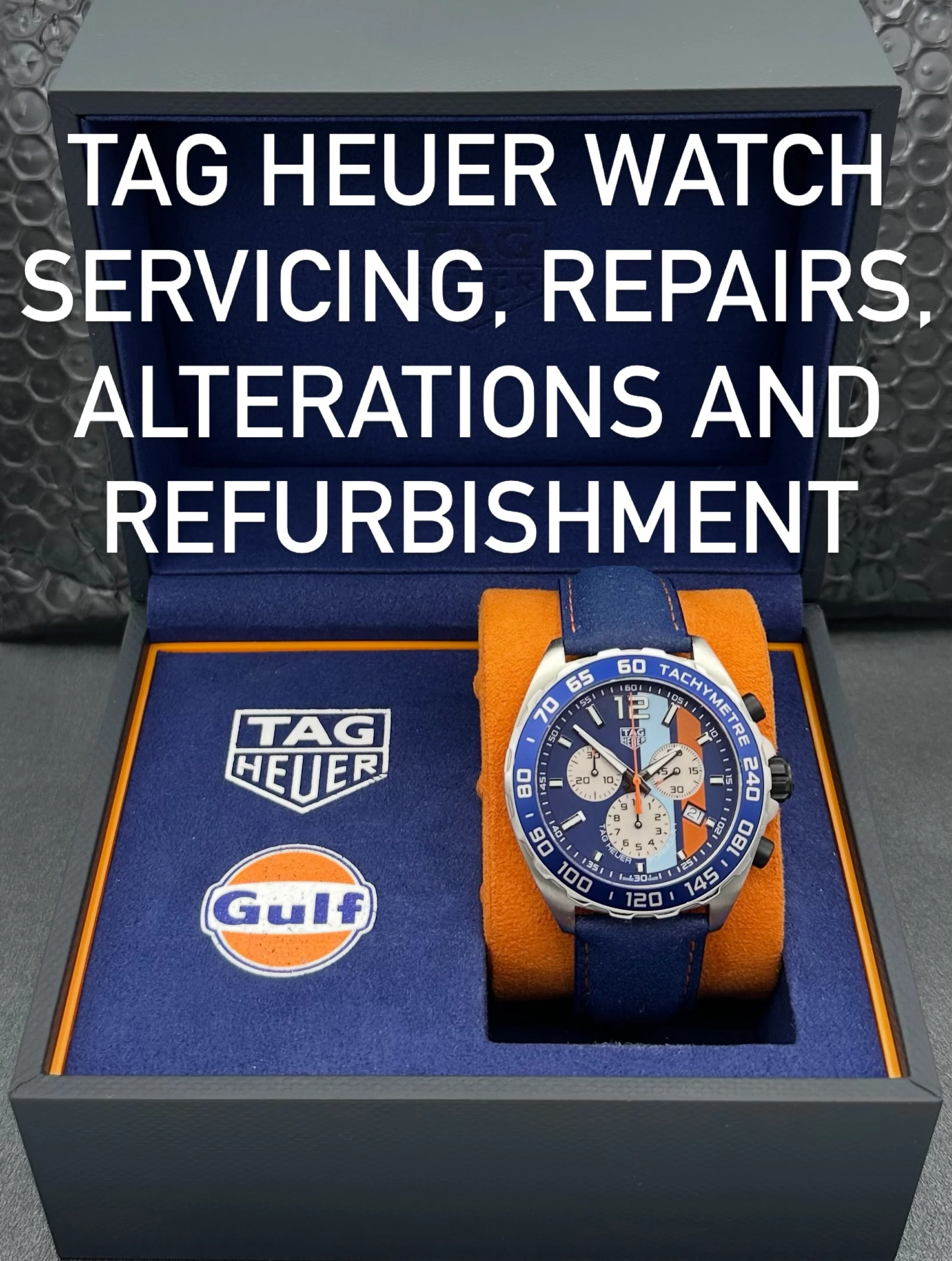 Tag Heuer Watch Servicing and Repairs are carried out by a Tag Heuer Officially Certified Service Centre. Genuine Tag Heuer parts used. Completely Serviced Watches are provided with a 24 Month Guarantee.

Cleaning and Polishing of Watch Case and Brac