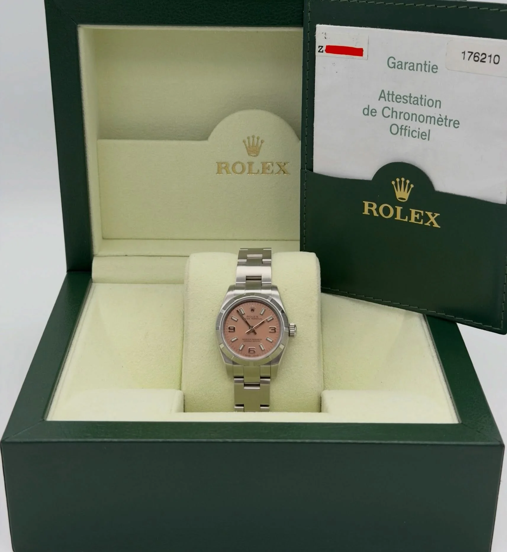 NEW ARRIVAL!🔥Rolex Oyster Perpetual 26mm in Stainless Steel, Pink dial with baton and arabic numerals, oyster link bracelet. 

Model Reference: 176210.

Contents: Box &amp; Papers.

Year: 2006.

Excellent condition. Recently Serviced. 

📞01992 463 