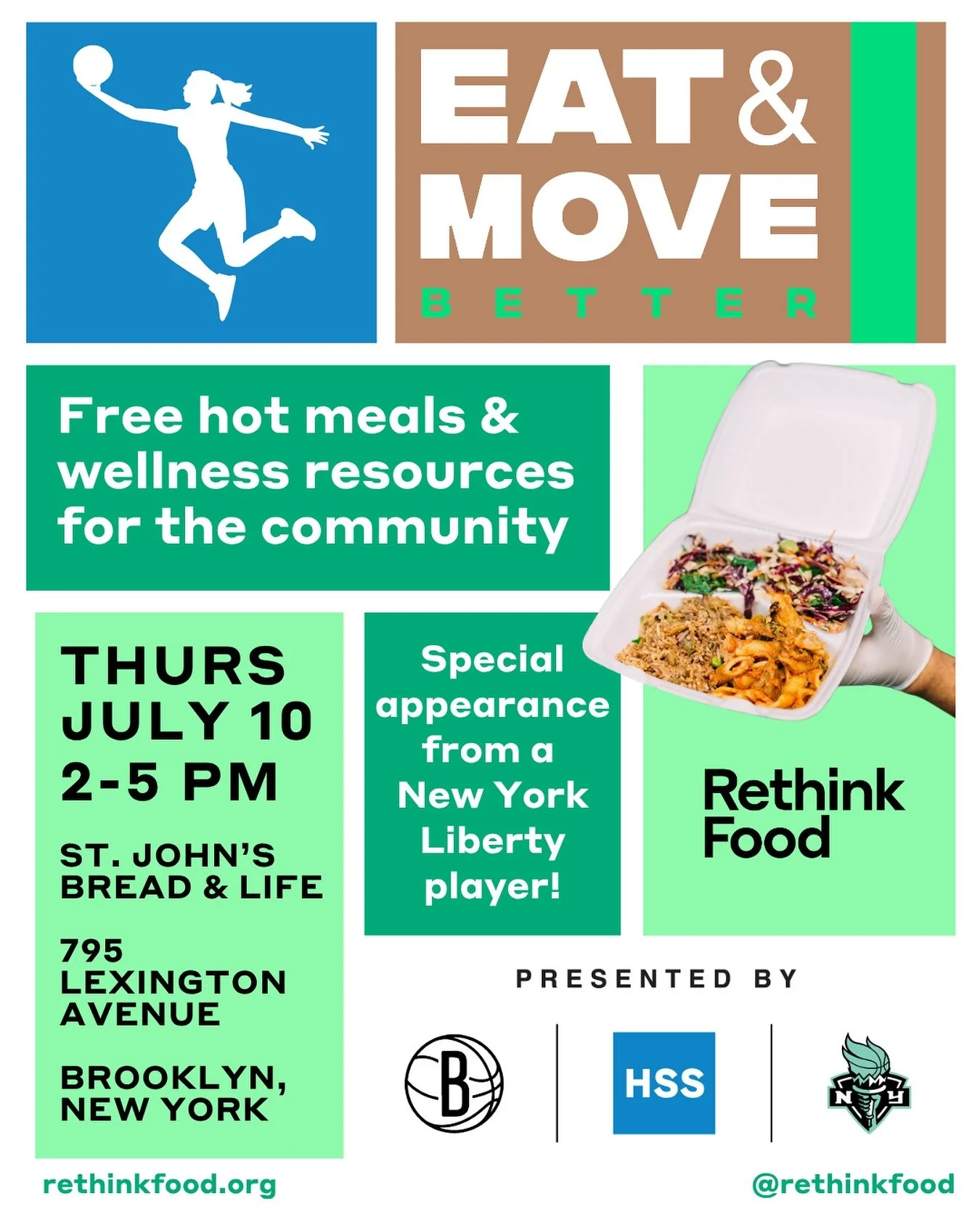 🏀🌟Join us for the next &ldquo;Eat and Move Better&rdquo; activation with @hspecialsurgery and @nyliberty. 

📅 When: Thursday, July 10, 2-5PM 
📍 Where: St. John&rsquo;s Bread &amp; Life, 795 Lexington Avenue, Brooklyn 
🎉 Special Guest: Surprise N