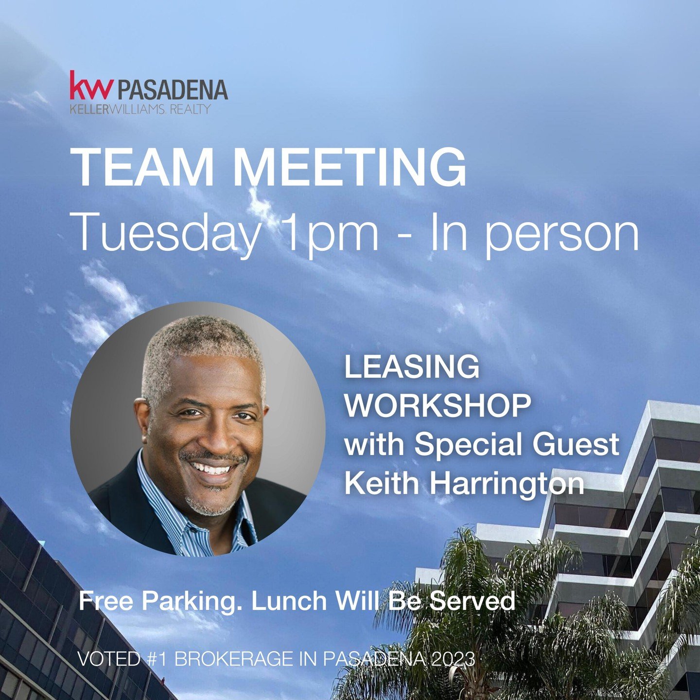 Join us tomorrow for our Team Meeting at 1pm with Special Guest Keith Harrington. Learn about the ins and outs of Leasing. Lunch will be provided. 
If you are a non-Keller Williams Agent, open to talking about your career goals. DM me or contact me w