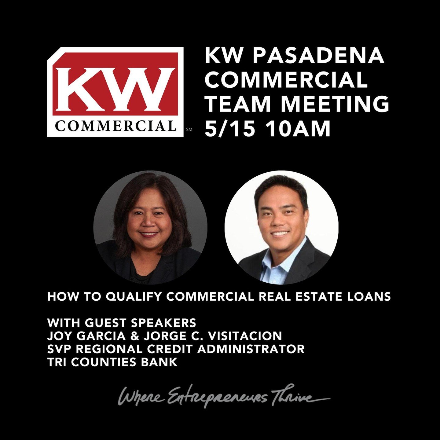 KW Commercial Pasadena Team Meeting with Special Guest Speaker Joy Garcia from Tri Counties Bank. 
If you are a non-Keller Williams Commercial Agent, and open to talking about how to increase your business DM me or contact me with my information belo