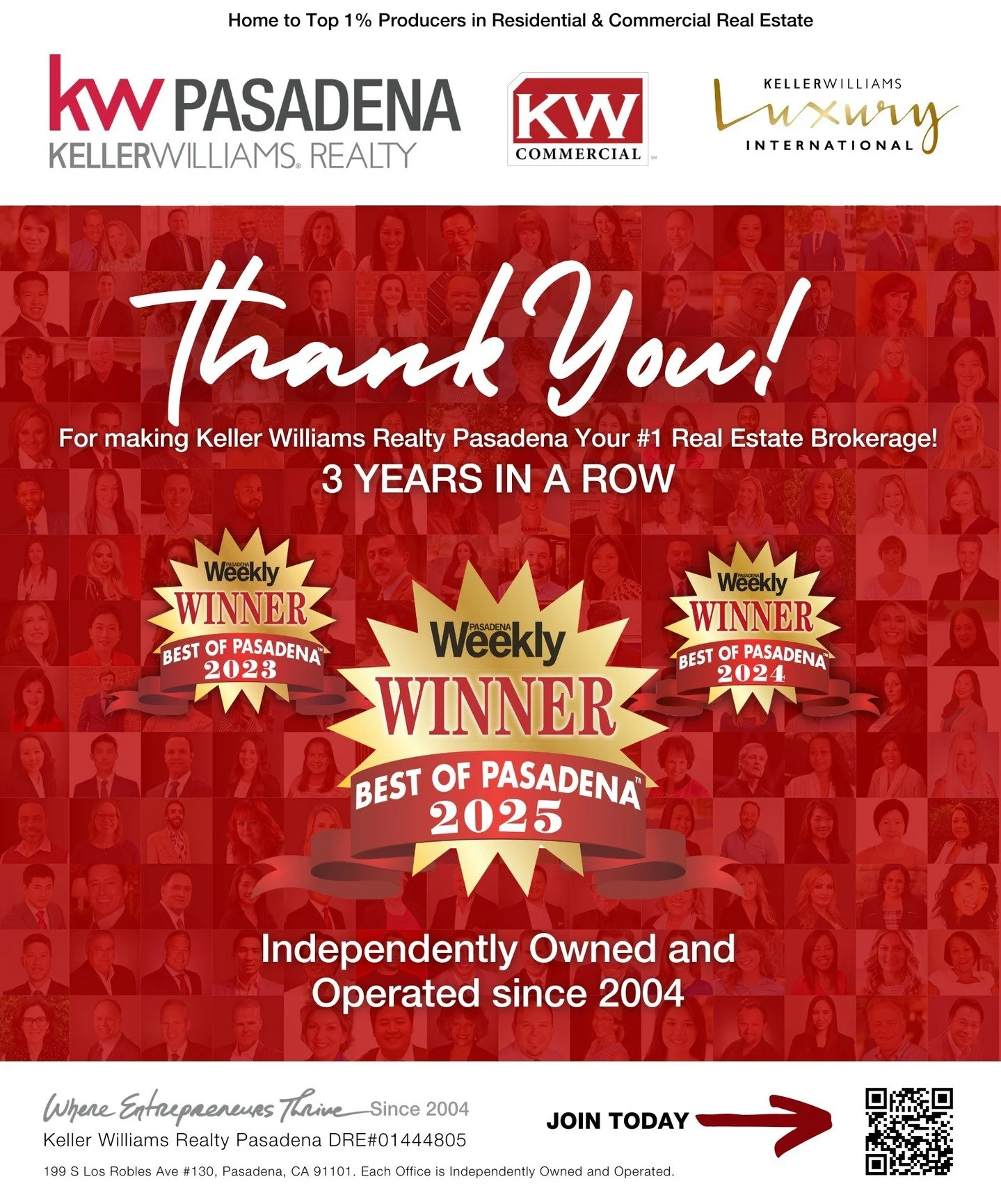 THANK YOU, PASADENA! ❤️🏆
Because of you &mdash; and the incredible Readers of Pasadena Weekly &mdash; Keller Williams Realty Pasadena has been voted the #1 Brokerage in Pasadena for the 3rd year in a row!

To our amazing agents, clients, vendors, an