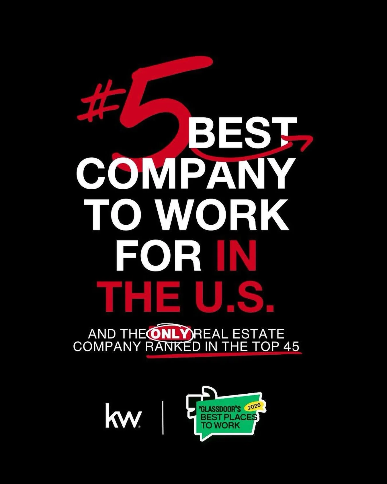 Keller Williams Realty, LLC is officially a Glassdoor Top 5 Best Company to Work For in the U.S.

Not Top 5 in real estate. Top 5 in the U.S. across all industries. And we&rsquo;re the only real estate company ranked in the Top 45.

This comes straig
