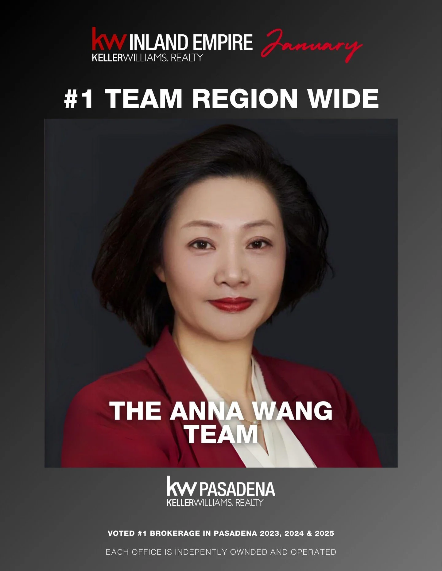 Help us Congratulate The Anna Wang Team. This places you in the #1 Region wide!!! We are proud to be in business with you. Thank you for your excellence!

We are growing. If you are a non Keller Williams Agent, open to talking about your career goals