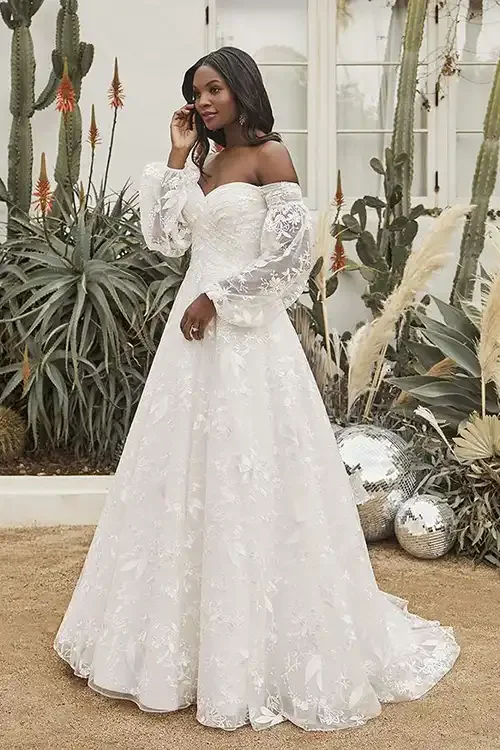 floral sweetheart Aline ball gown detachable sleeves.webp