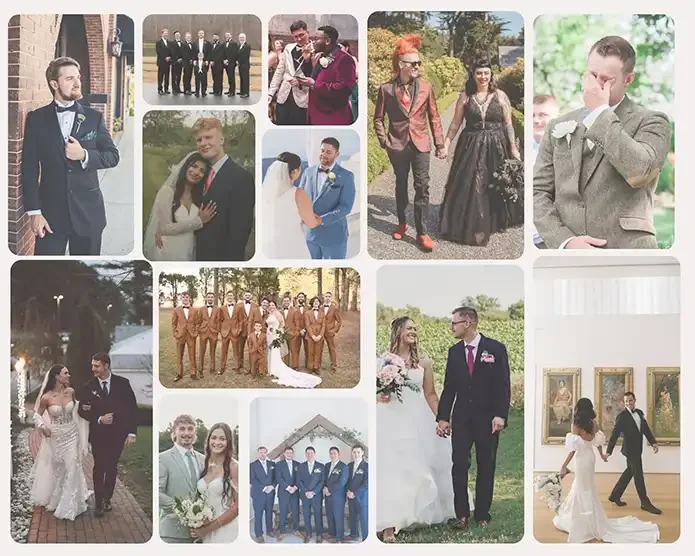 Suits, Tuxedos, wedding party, bride & groom