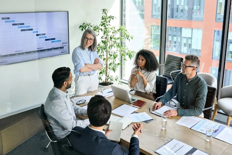 a group of business people discussing around a table