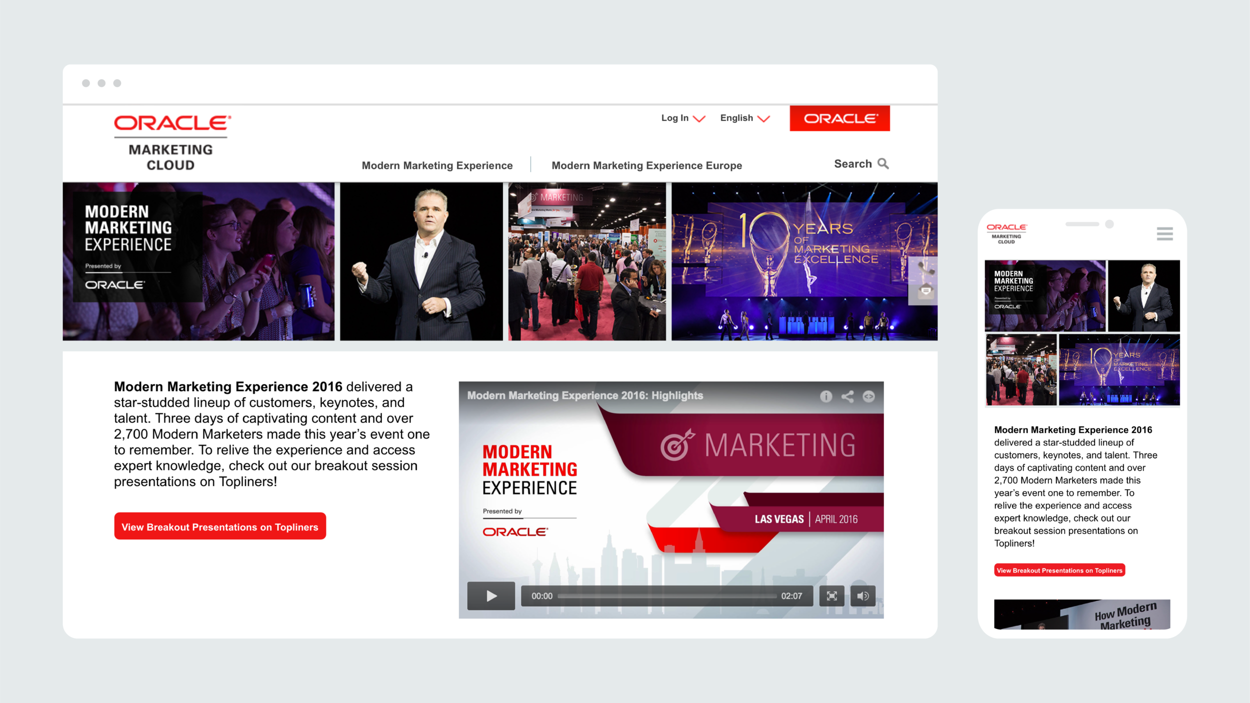 OMC's webpage for Modern Marketing Experience featuring a responsive header.