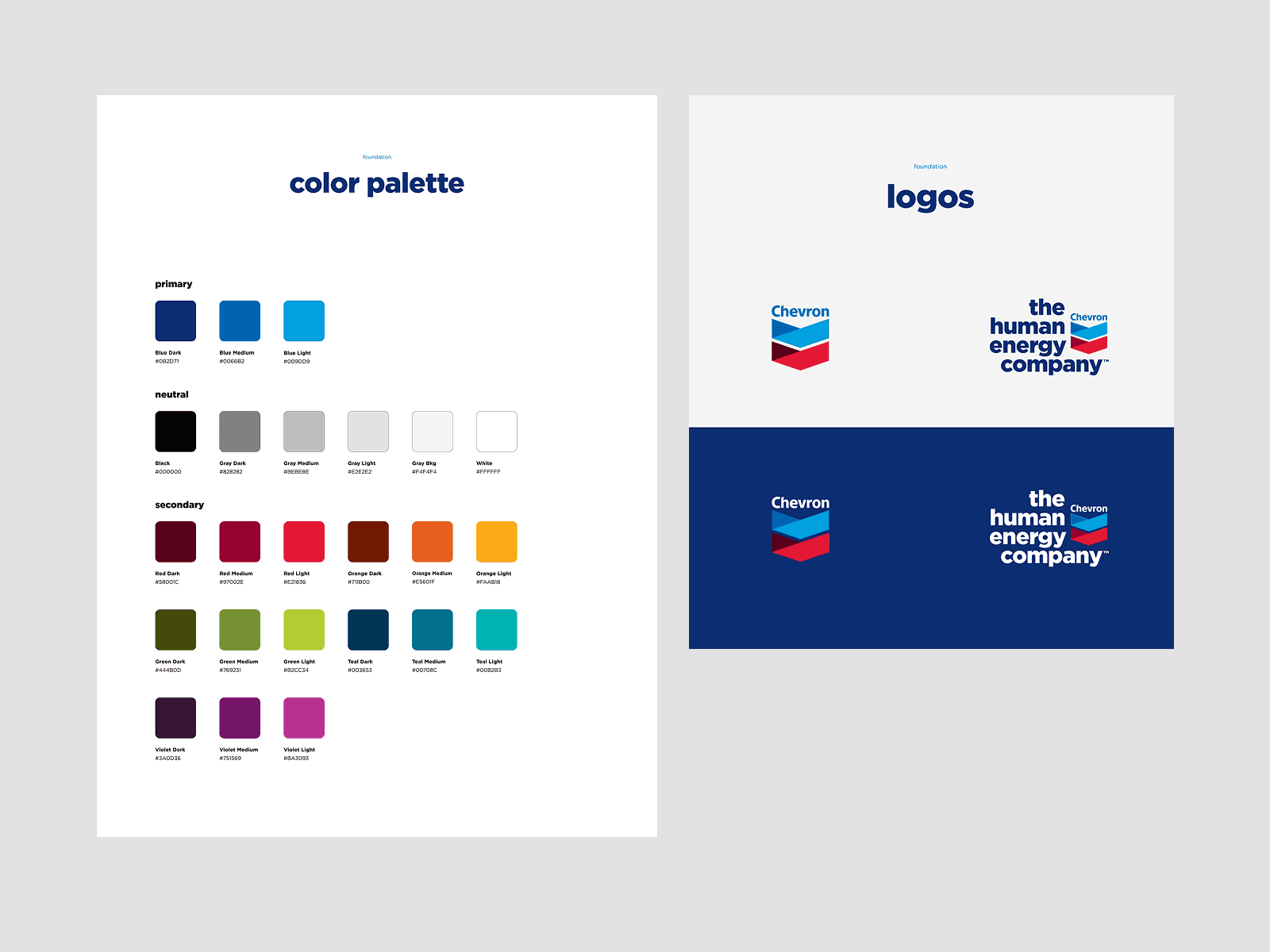 Chevron primary, neutral and secondary color palettes beside logo applications on light and blue backgrounds.