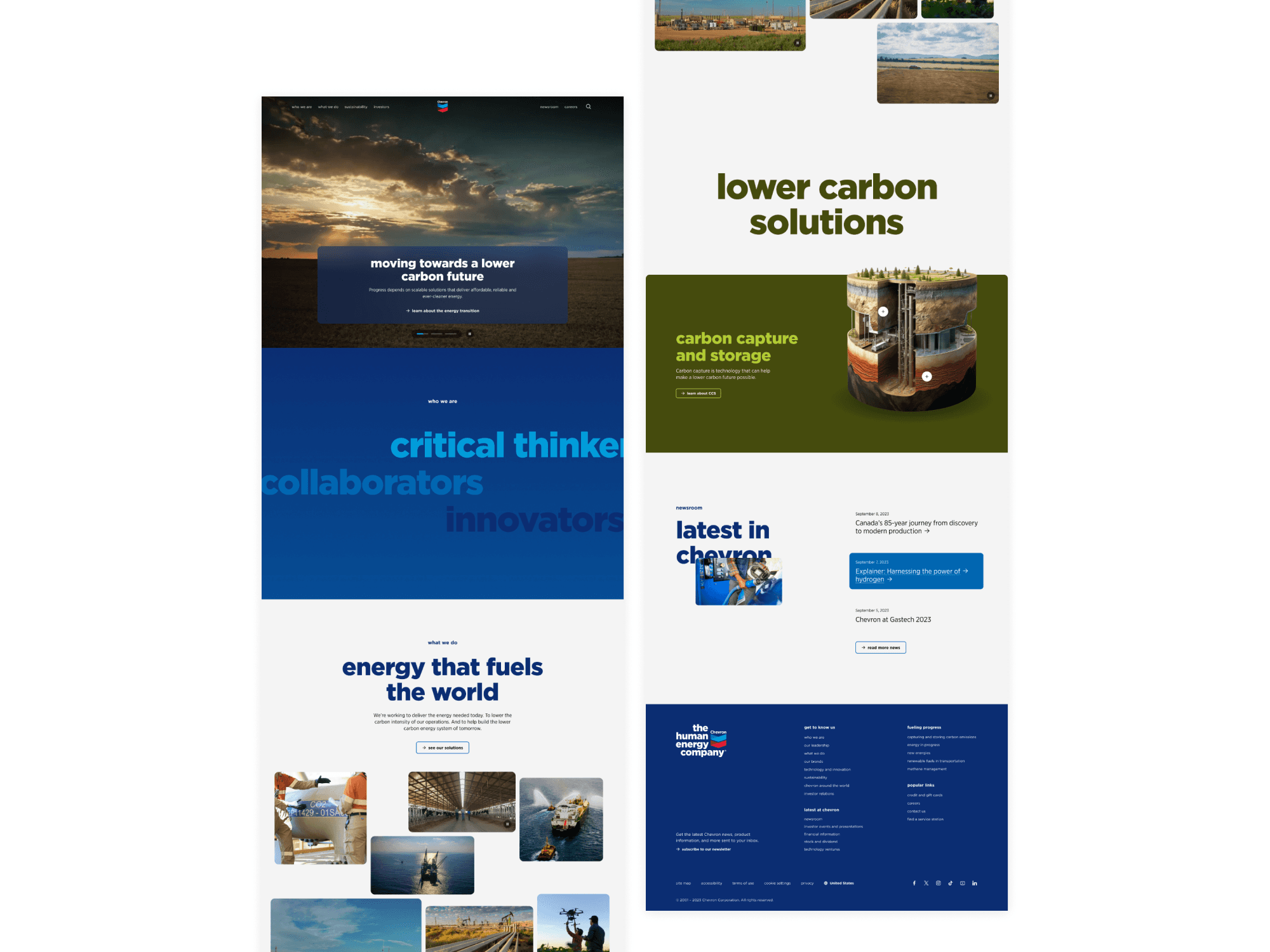 Chevron page layouts combining energy photography, lower-carbon content, news modules and footer navigation.