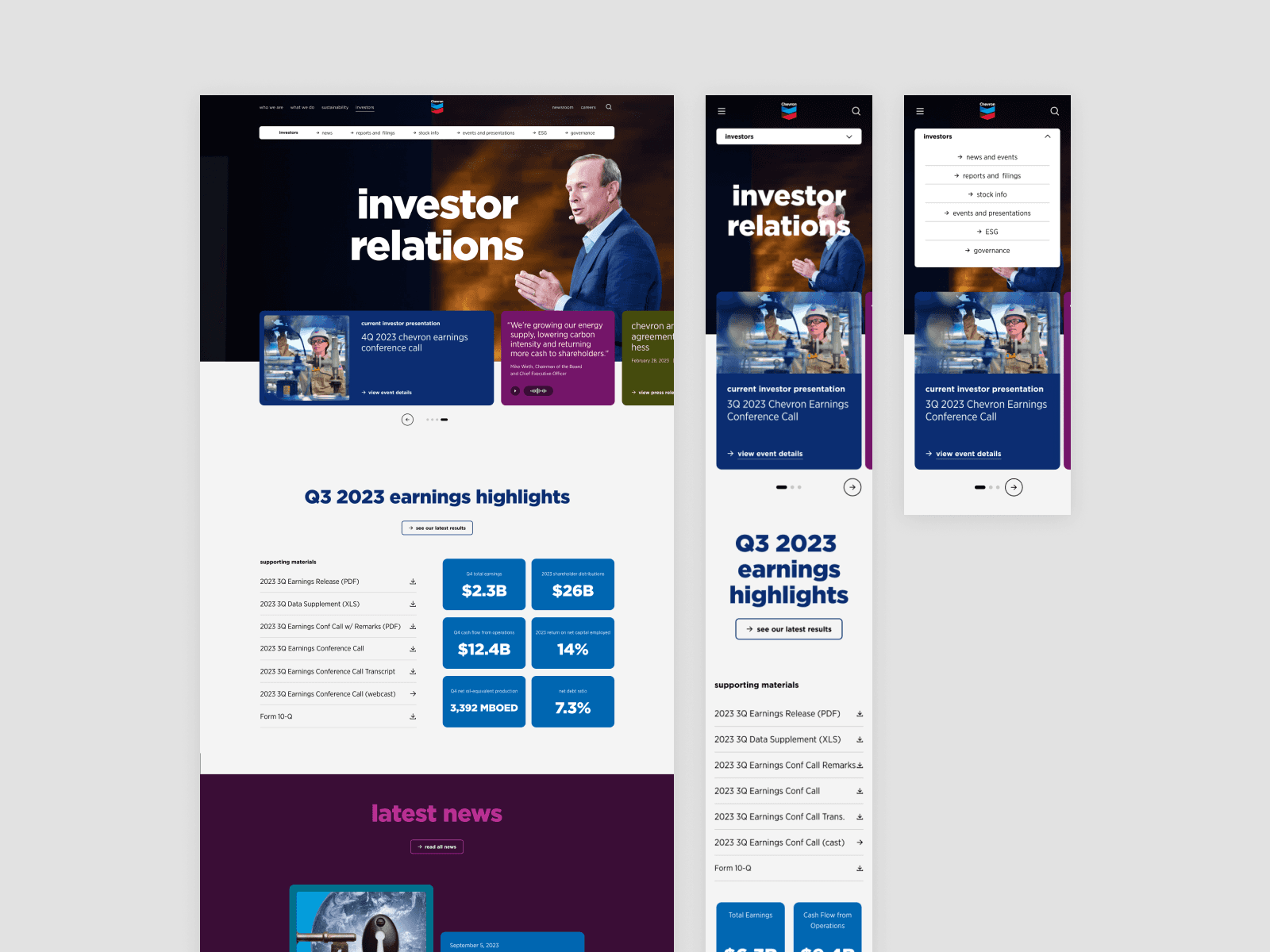 Chevron Investor Relations page in desktop and mobile layouts, including an expanded mobile navigation menu.