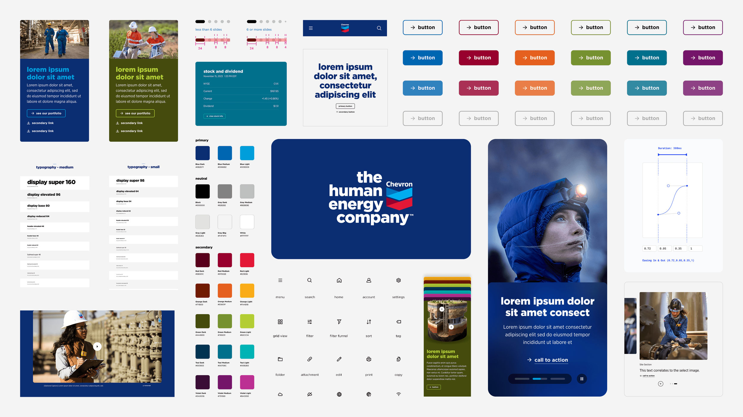 Chevron design-system components, including typography, colors, buttons, cards, icons and motion guidance.