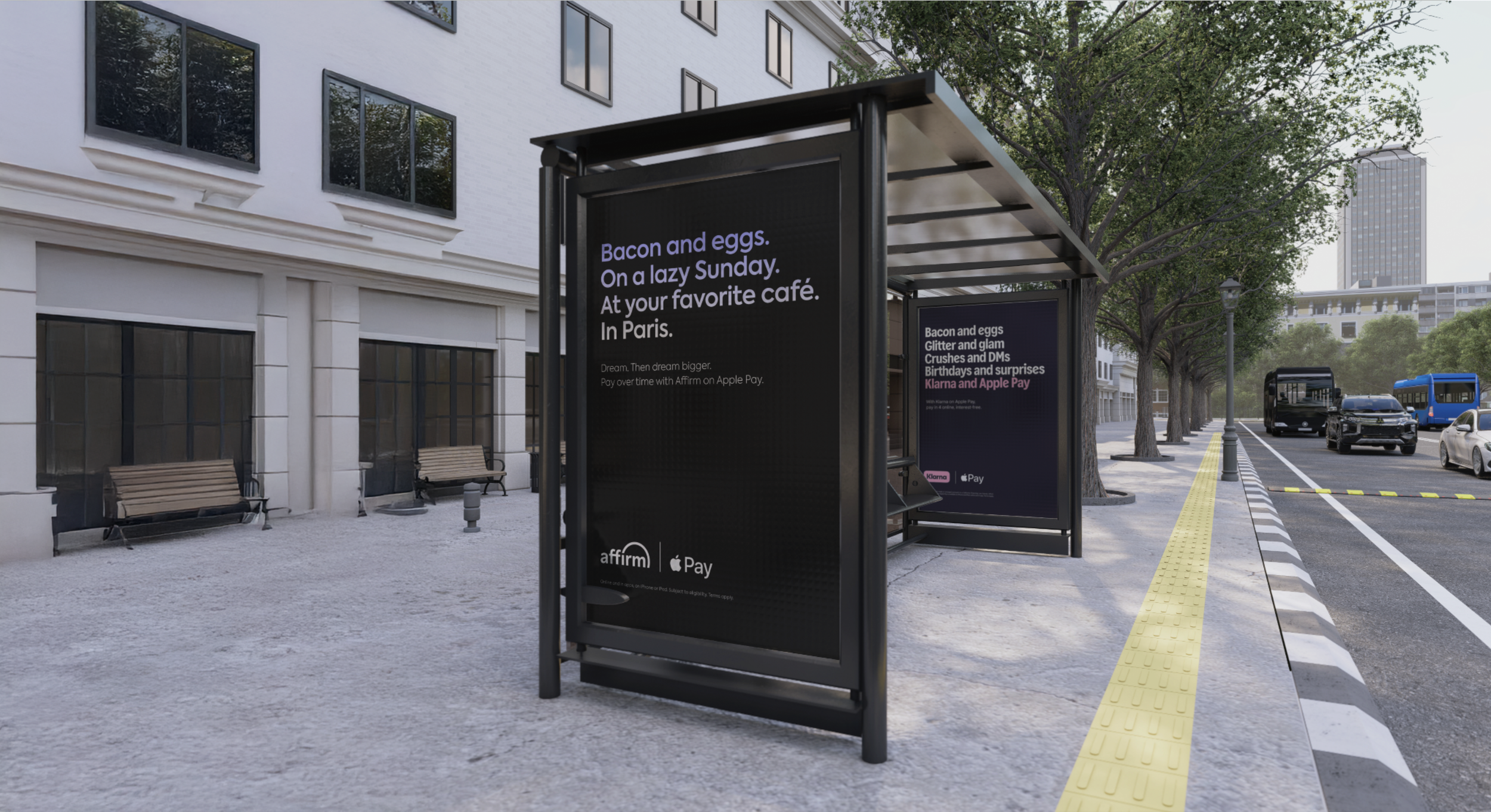 Bus stop shelter with advertisement boards on a city street lined with trees and parked cars. The ads promote bacon and eggs and Apple Pay, with benches available nearby.