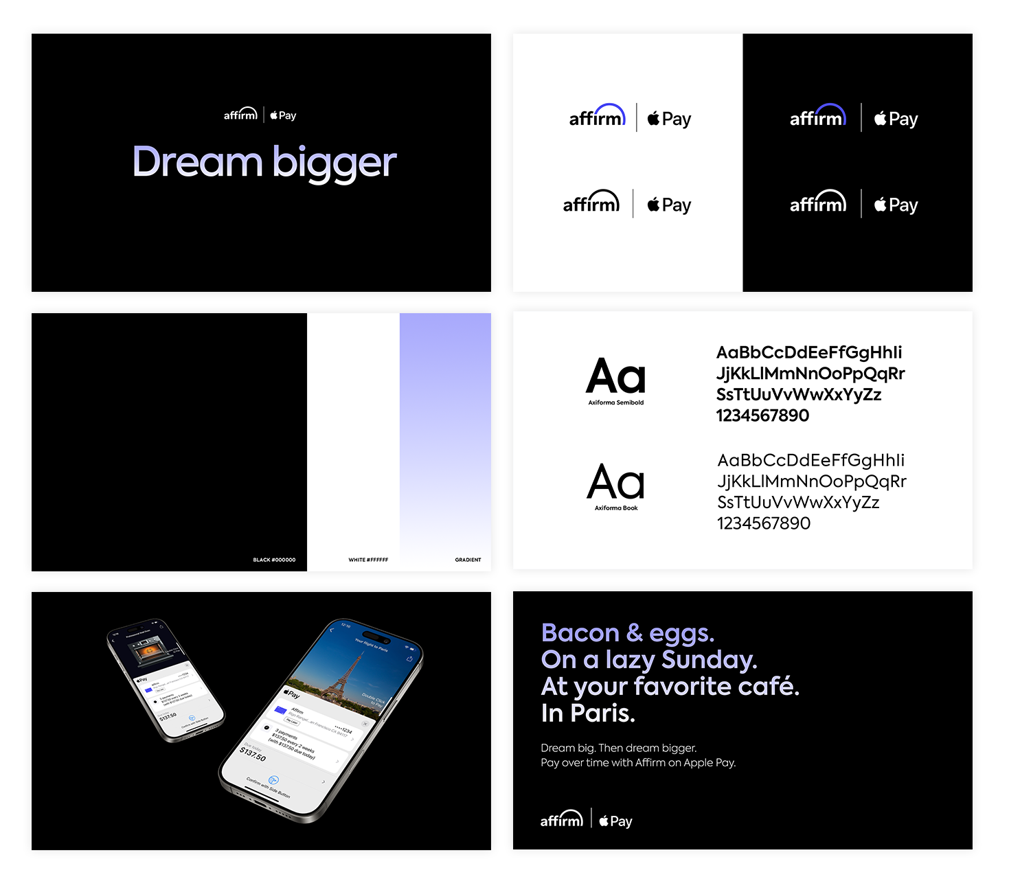 Advertisement for Affirm and Apple Pay featuring a black background, white and purple text, showcasing mobile payment options, font samples, and phones with the Paris Eiffel Tower image, with the tagline about enjoying bacon and eggs on a lazy Sunday in Paris.
