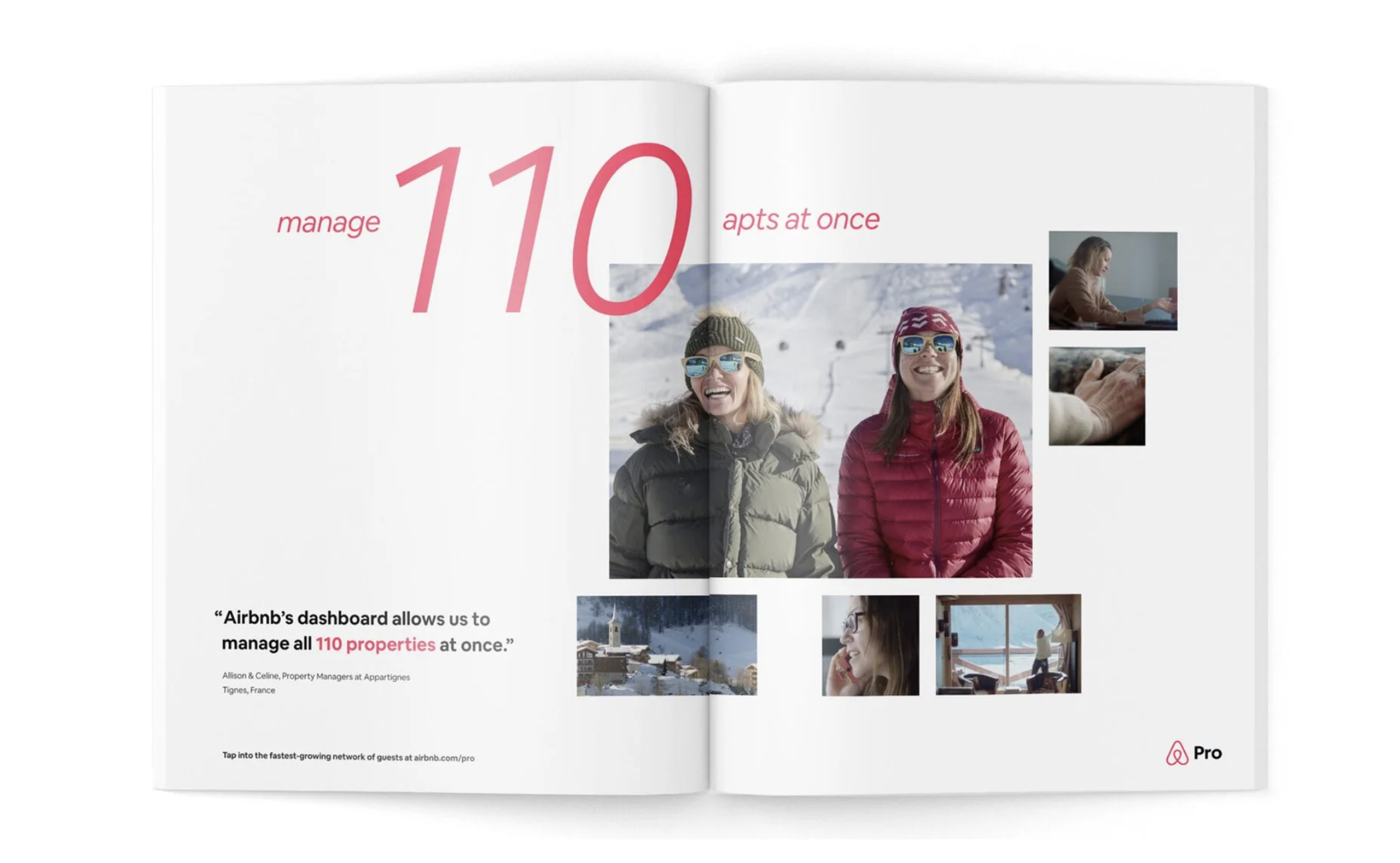 Open magazine displaying a two-page spread. The left page has large pink text that says 'manage 110 apts at once' with an image of two women in winter clothing and sunglasses, smiling outdoors in snow. The right page shows a small image of a woman working on a laptop, and several other smaller images of scenic views and people, with a quote about Airbnb's dashboard managing properties.