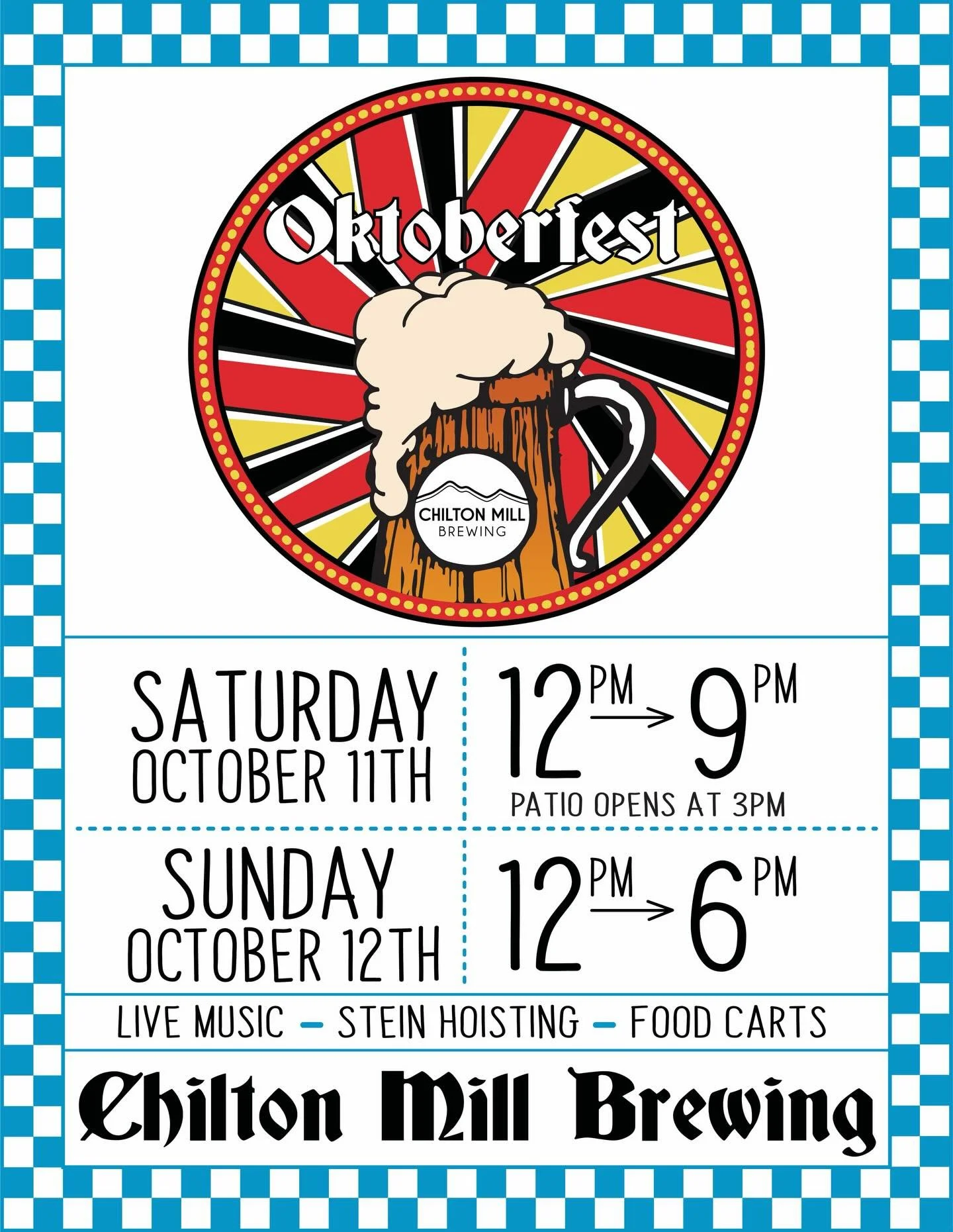 That time of the year is almost here! Join us in celebrating our 6th Annual Oktoberfest here at Chilton Mill!

We will have live music by @outlet.rock on Saturday, as well as @dead.flowers.band + @mudfootband on Sunday. Plus Tasty eats by @thewoodenf