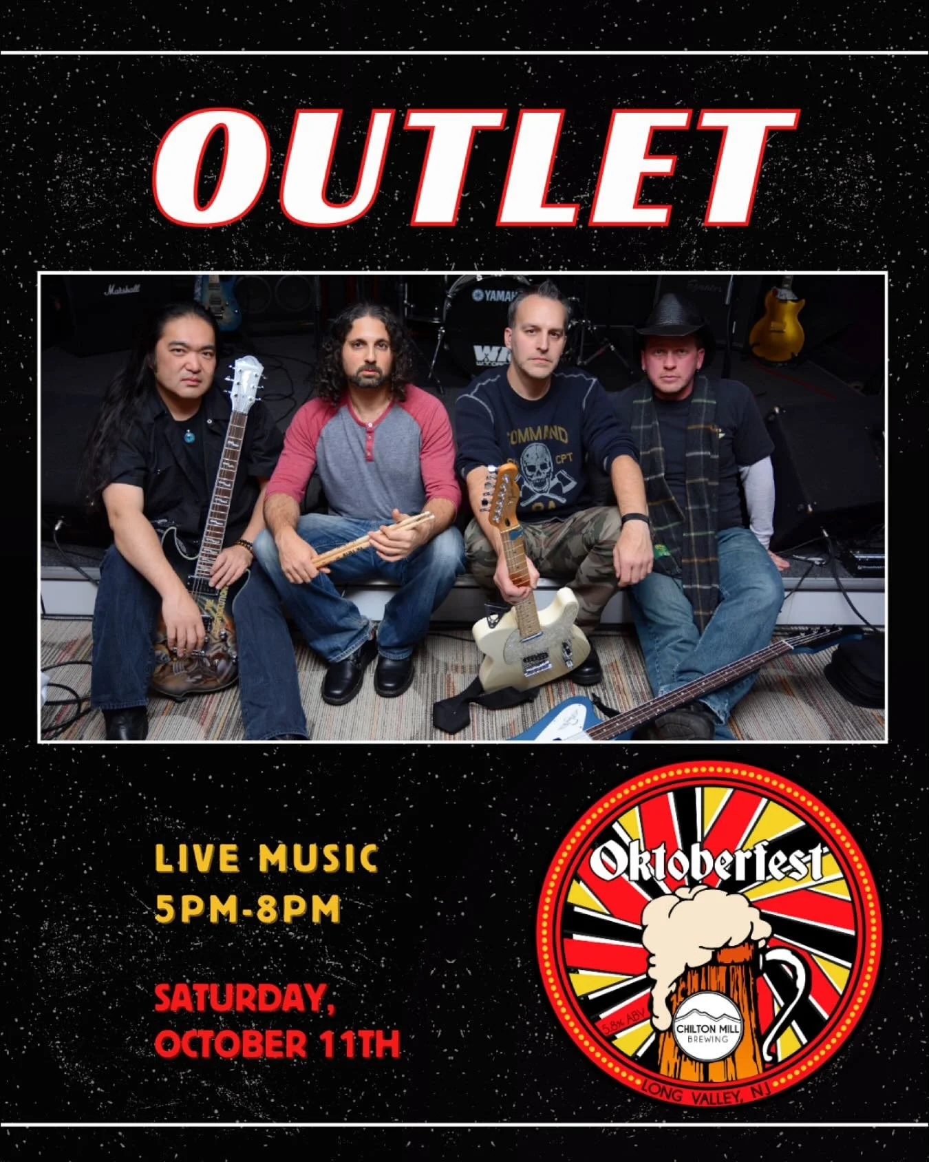 Day #1 Oktoberfest Music: 

@outlet.rock will be hittin&rsquo; the stage this Saturday, October 11th from 5-8pm!