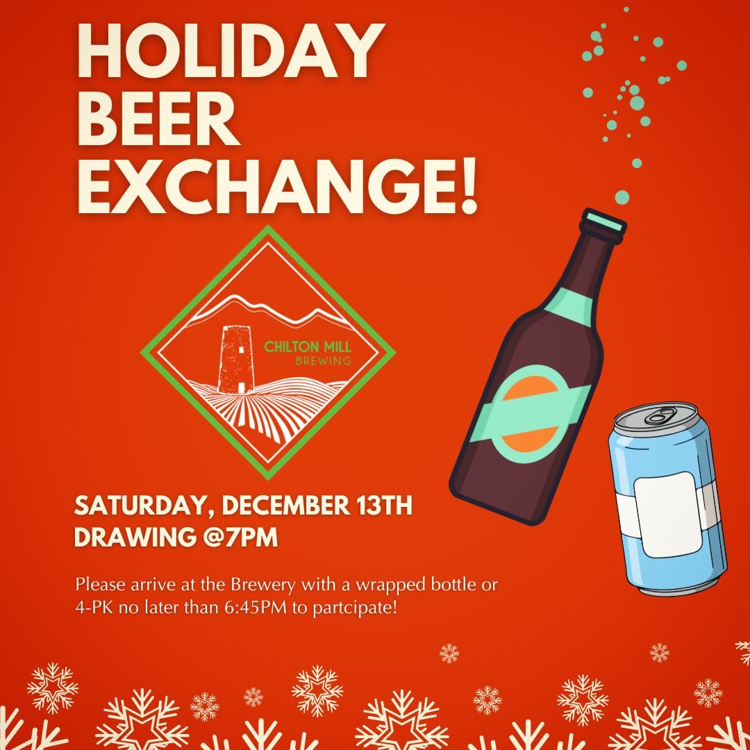 Come join us for CMB&rsquo;s 2nd Annual Holiday Beer Exchange!

This event will take place Saturday, December 13th @ 6:45PM. 

It is a &ldquo;Secret Santa&rdquo; style beer exchange. Which means that anyone who would like to participate must bring a 